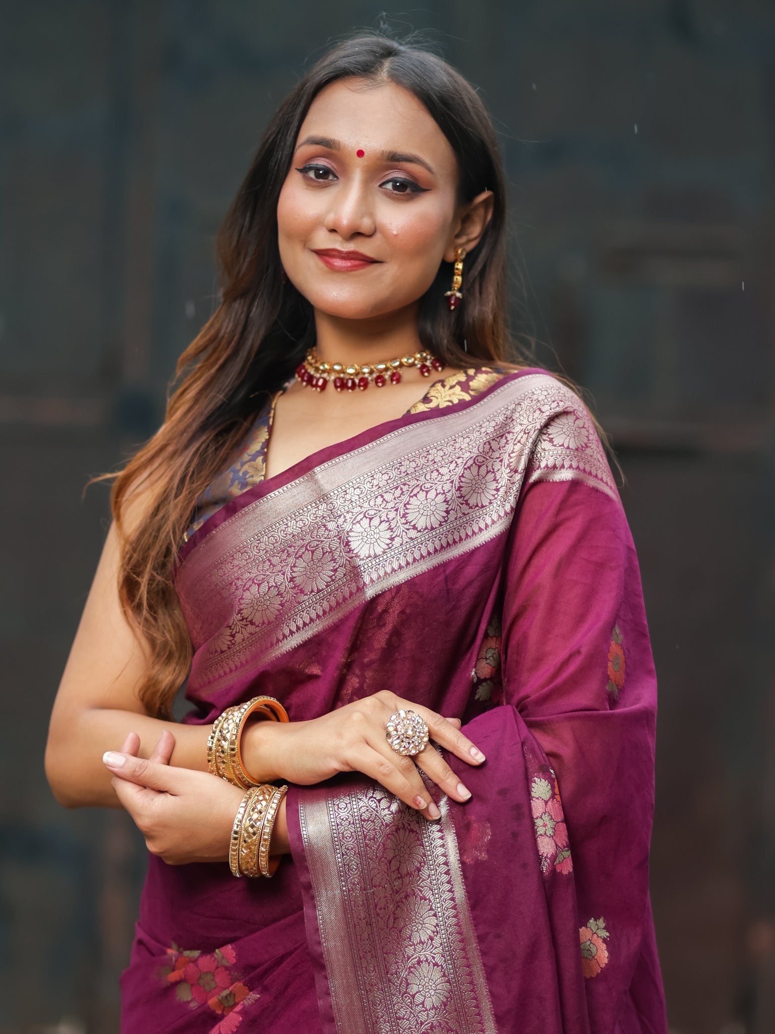 Banarasi Semi Georgette Saree with Floral Weaving & Border- Wine