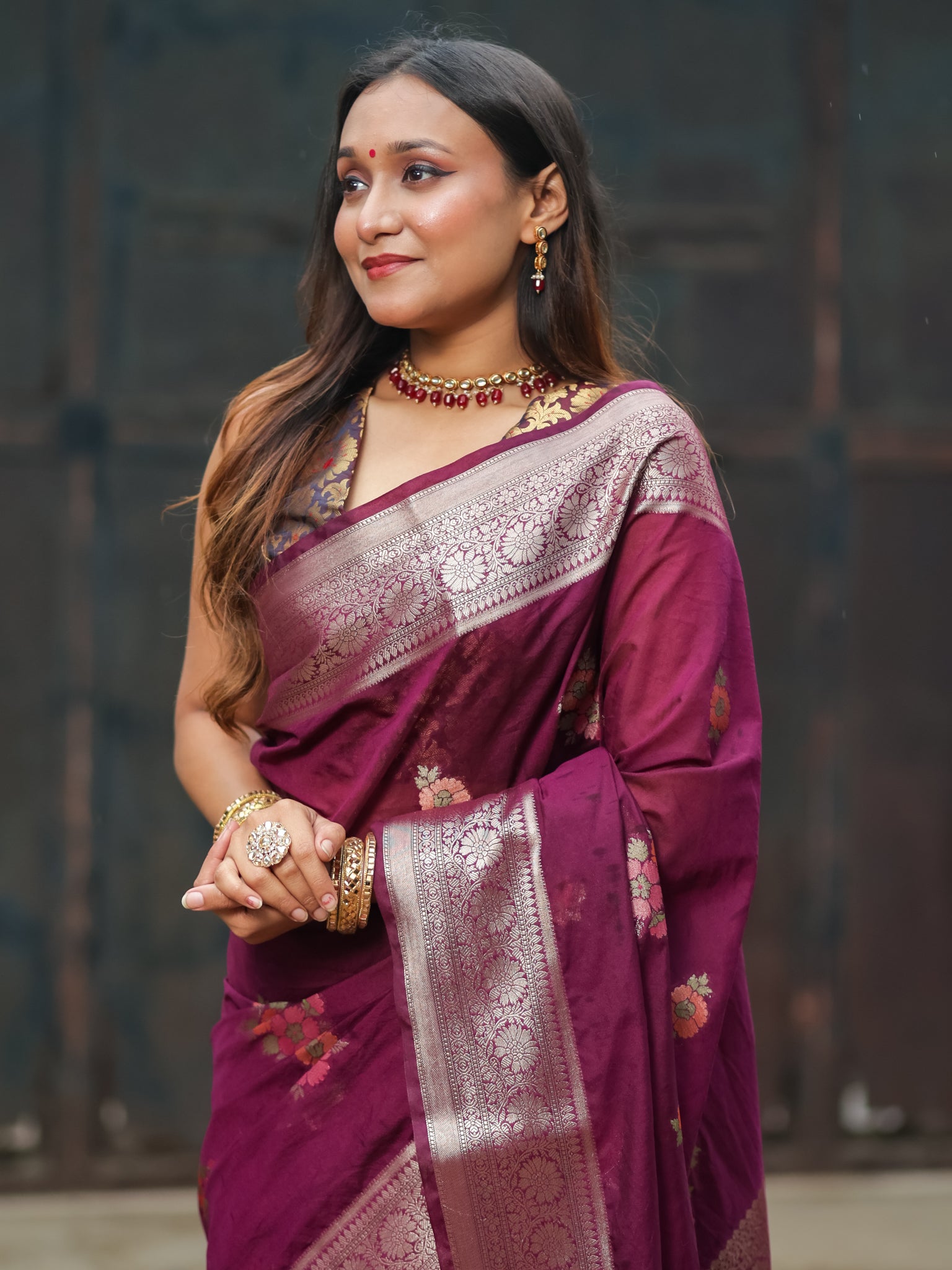 Banarasi Semi Georgette Saree with Floral Weaving & Border- Wine