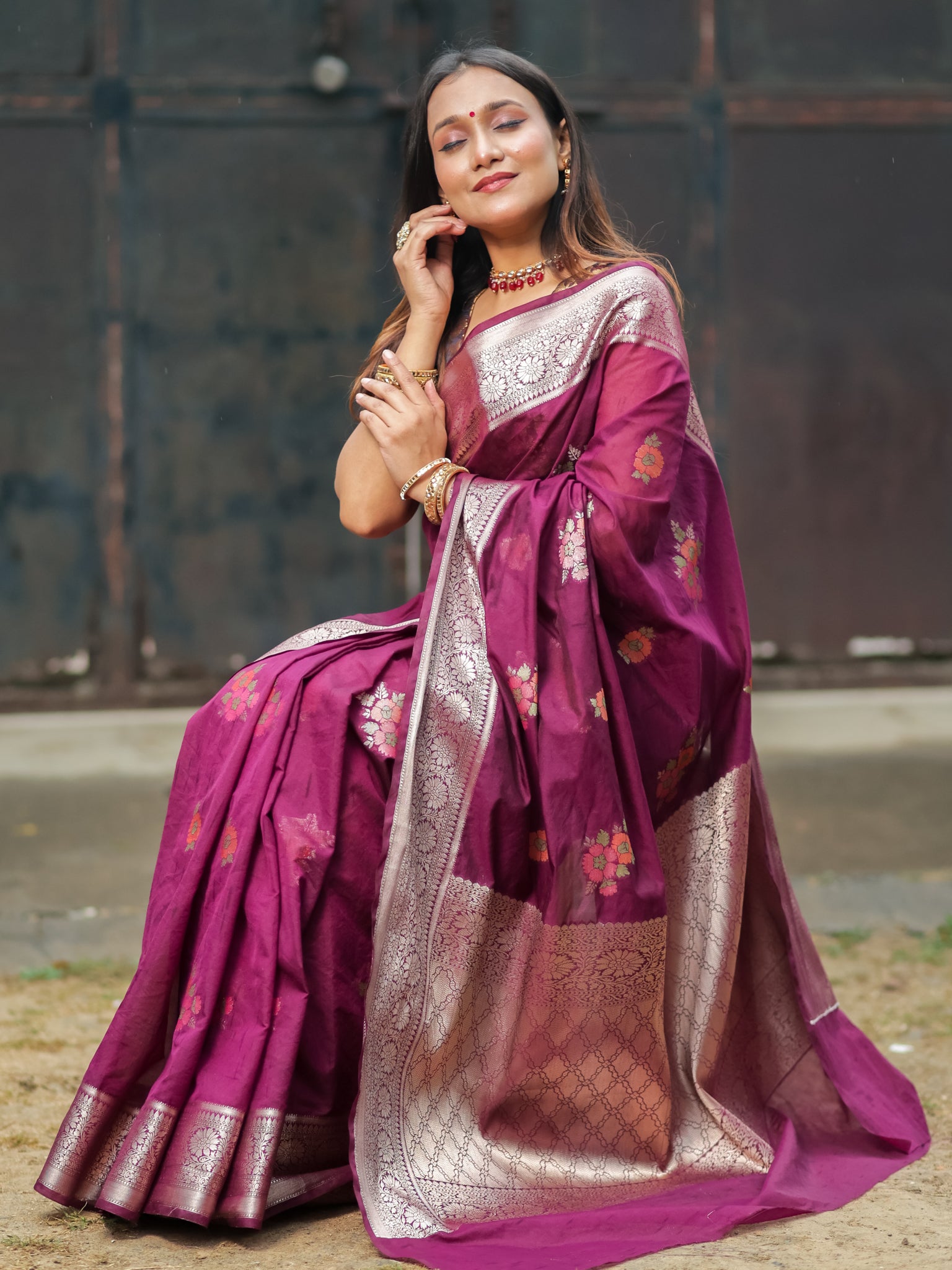 Banarasi Semi Georgette Saree with Floral Weaving & Border- Wine