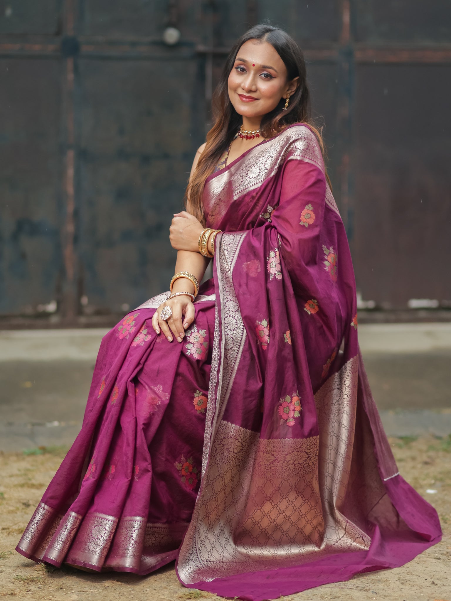 Banarasi Semi Georgette Saree with Floral Weaving & Border- Wine