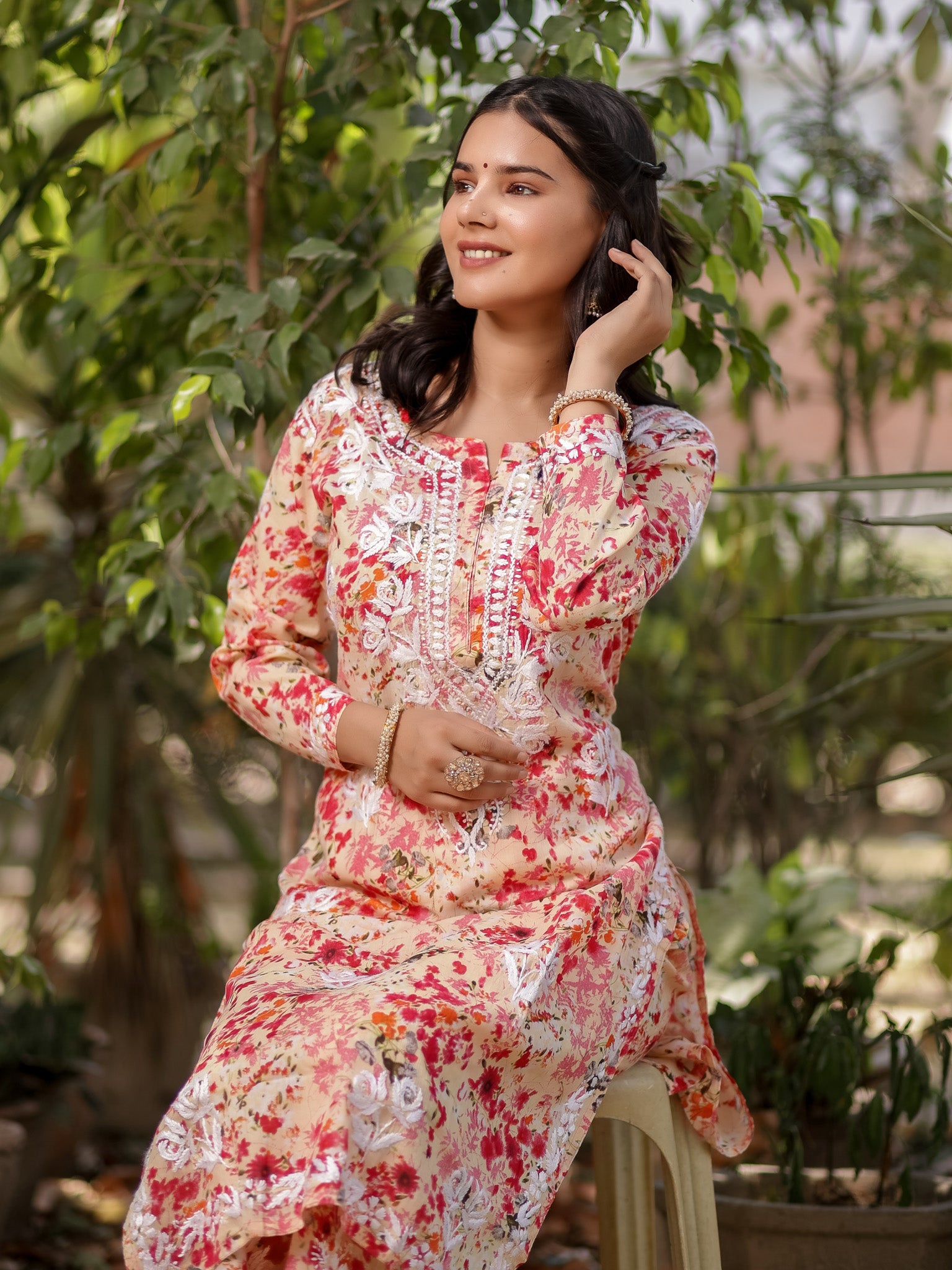 Readymade Chikankari Floral Print Mulmul Kurti & Plazzo Set-Pink