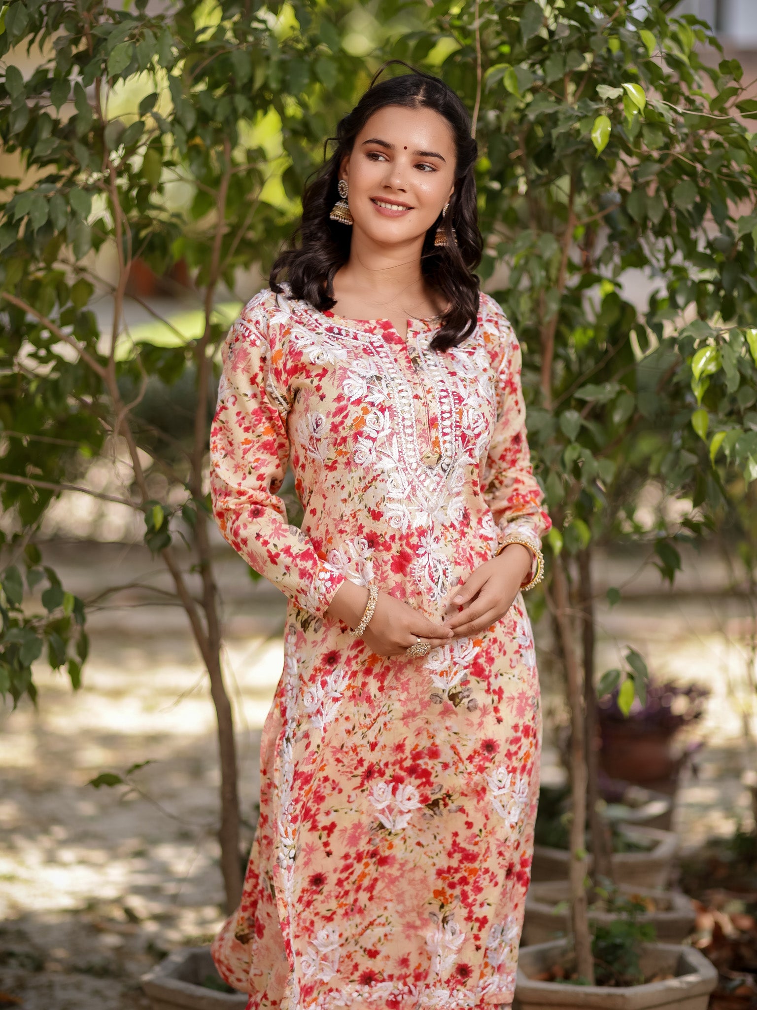 Readymade Chikankari Floral Print Mulmul Kurti & Plazzo Set-Pink