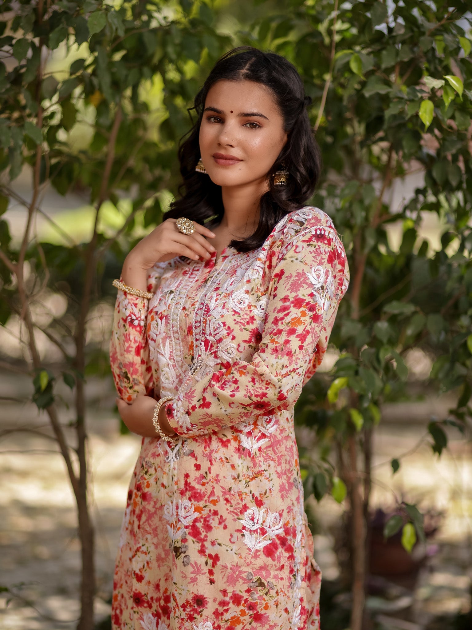 Readymade Chikankari Floral Print Mulmul Kurti & Plazzo Set-Pink