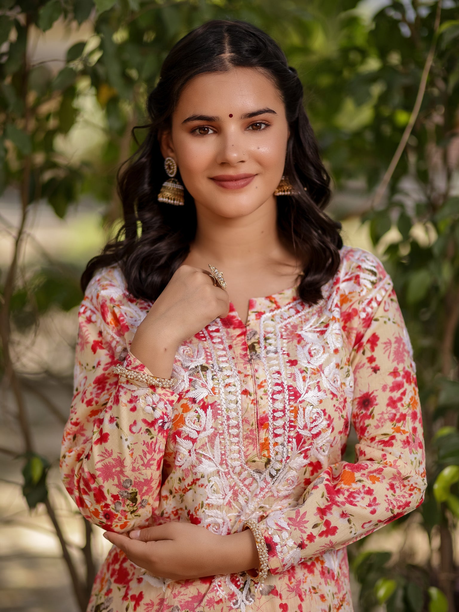 Readymade Chikankari Floral Print Mulmul Kurti & Plazzo Set-Pink