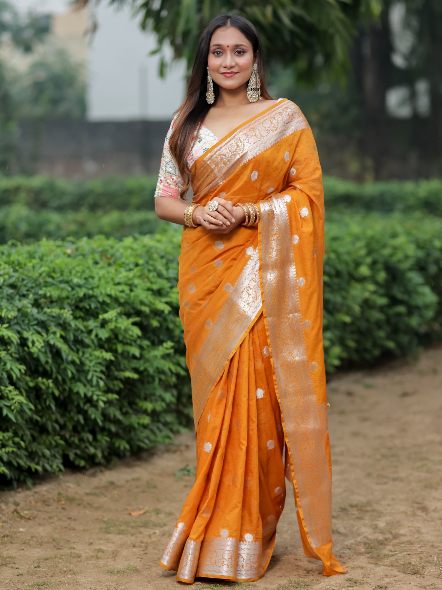 Banarasi Semi Chiffon Saree Silver Zari Buti Weaving With Border- Yellow