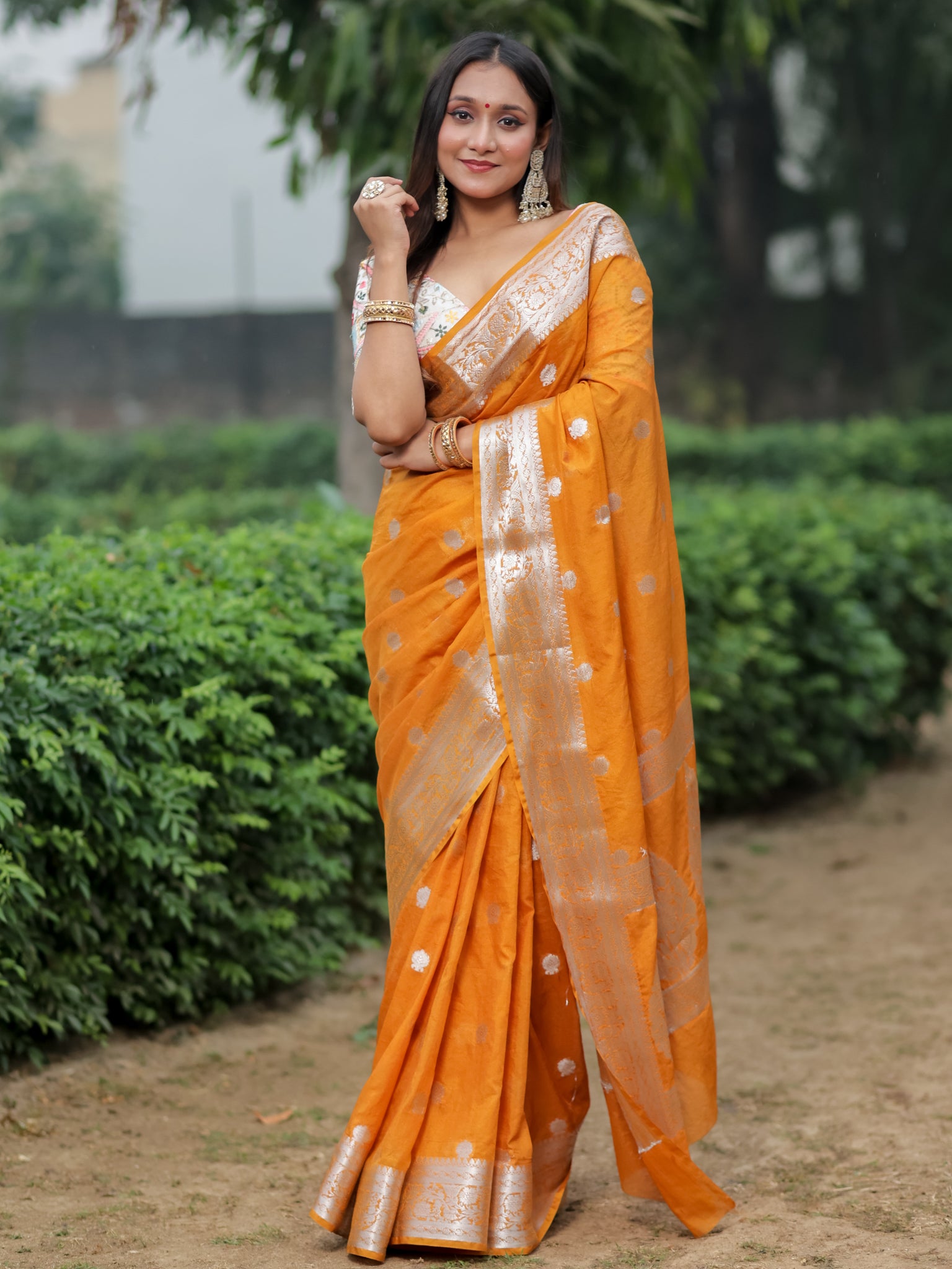 Banarasi Semi Chiffon Saree Silver Zari Buti Weaving With Border- Yellow