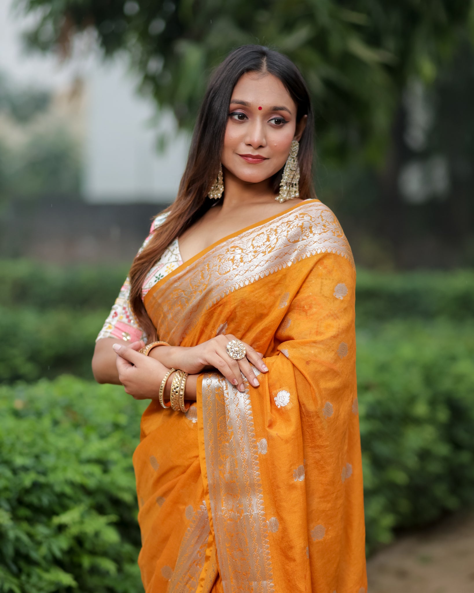 Banarasi Semi Chiffon Saree Silver Zari Buti Weaving With Border- Yellow