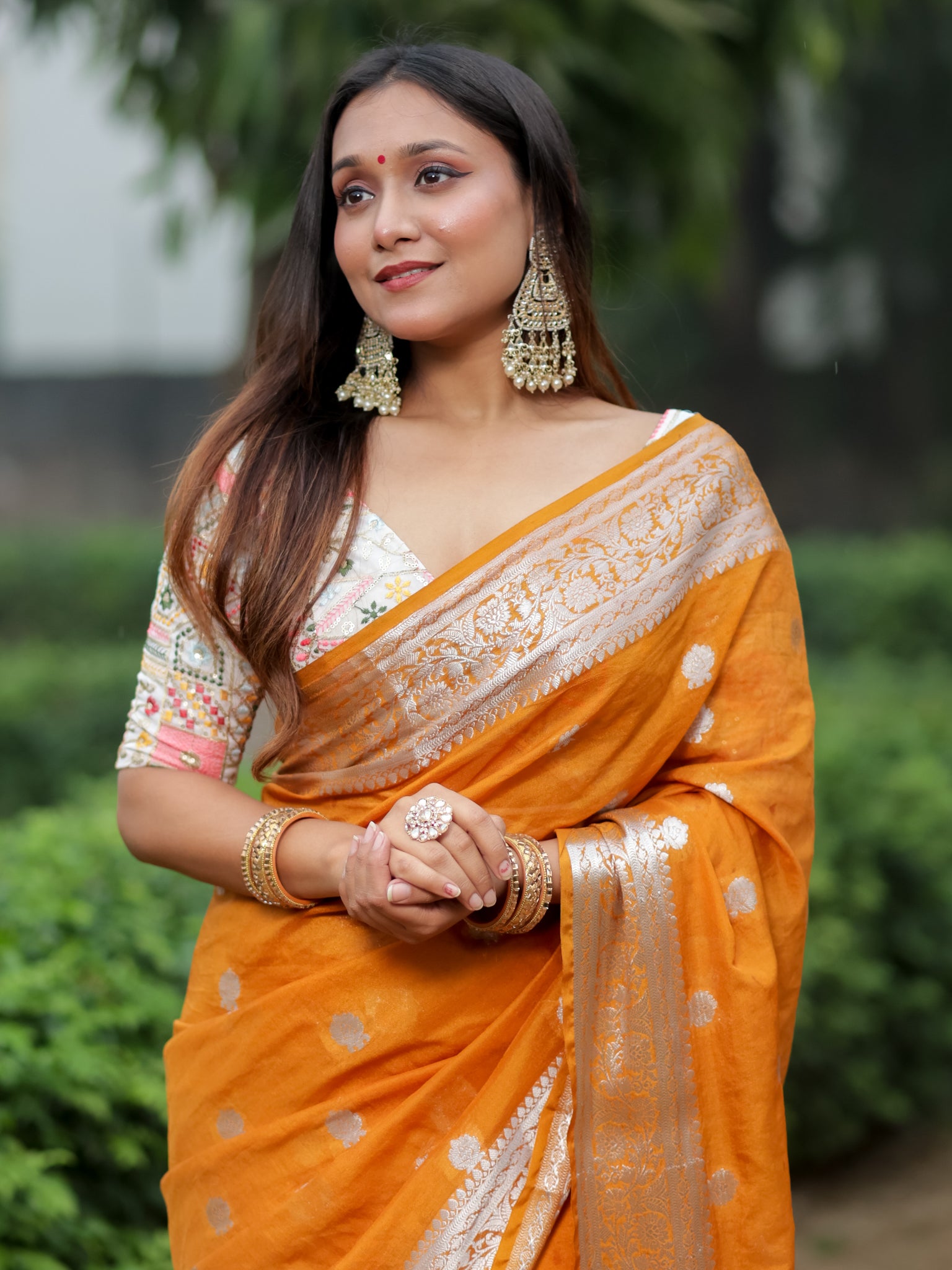 Banarasi Semi Chiffon Saree Silver Zari Buti Weaving With Border- Yellow