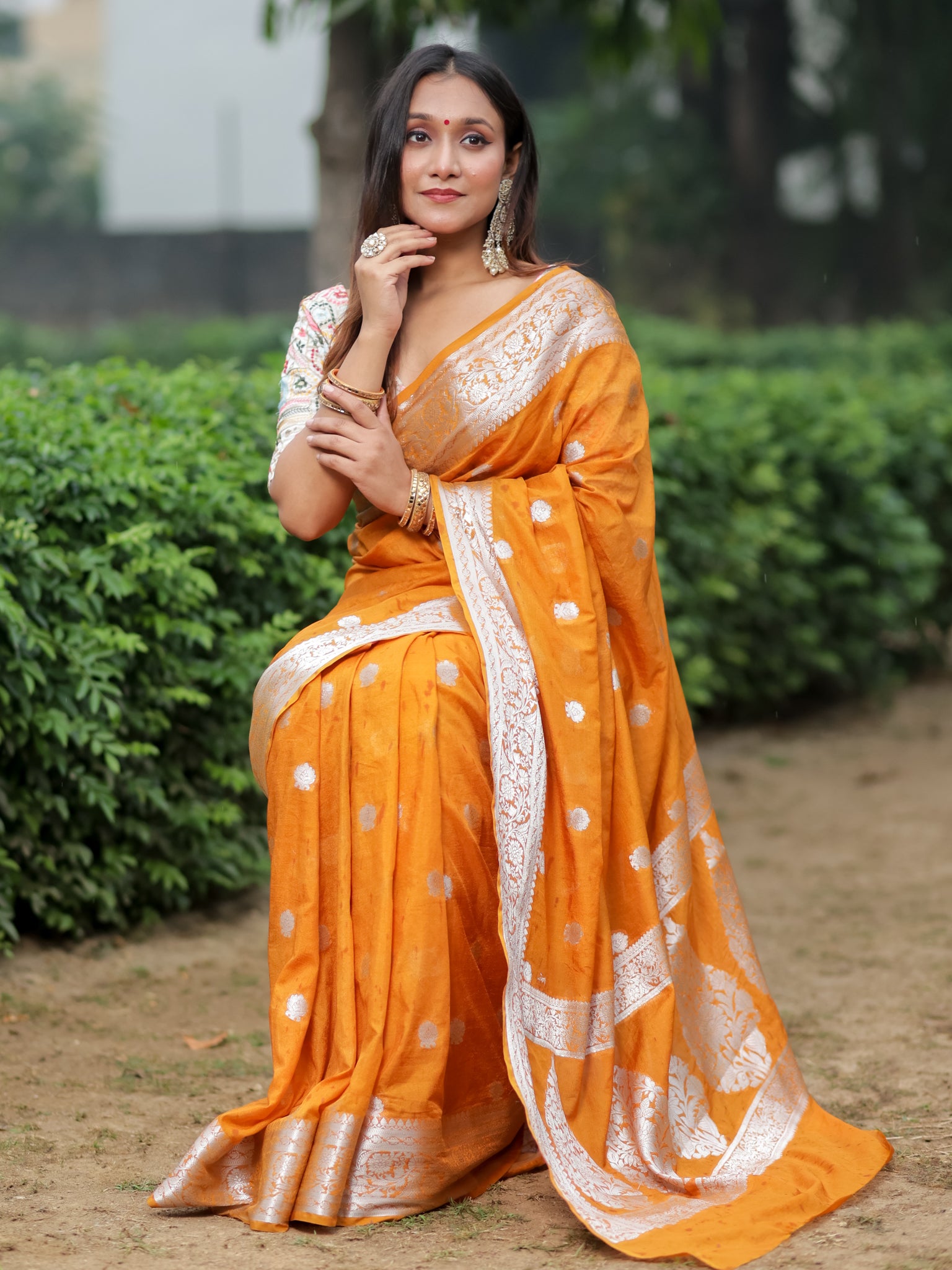 Banarasi Semi Chiffon Saree Silver Zari Buti Weaving With Border- Yellow