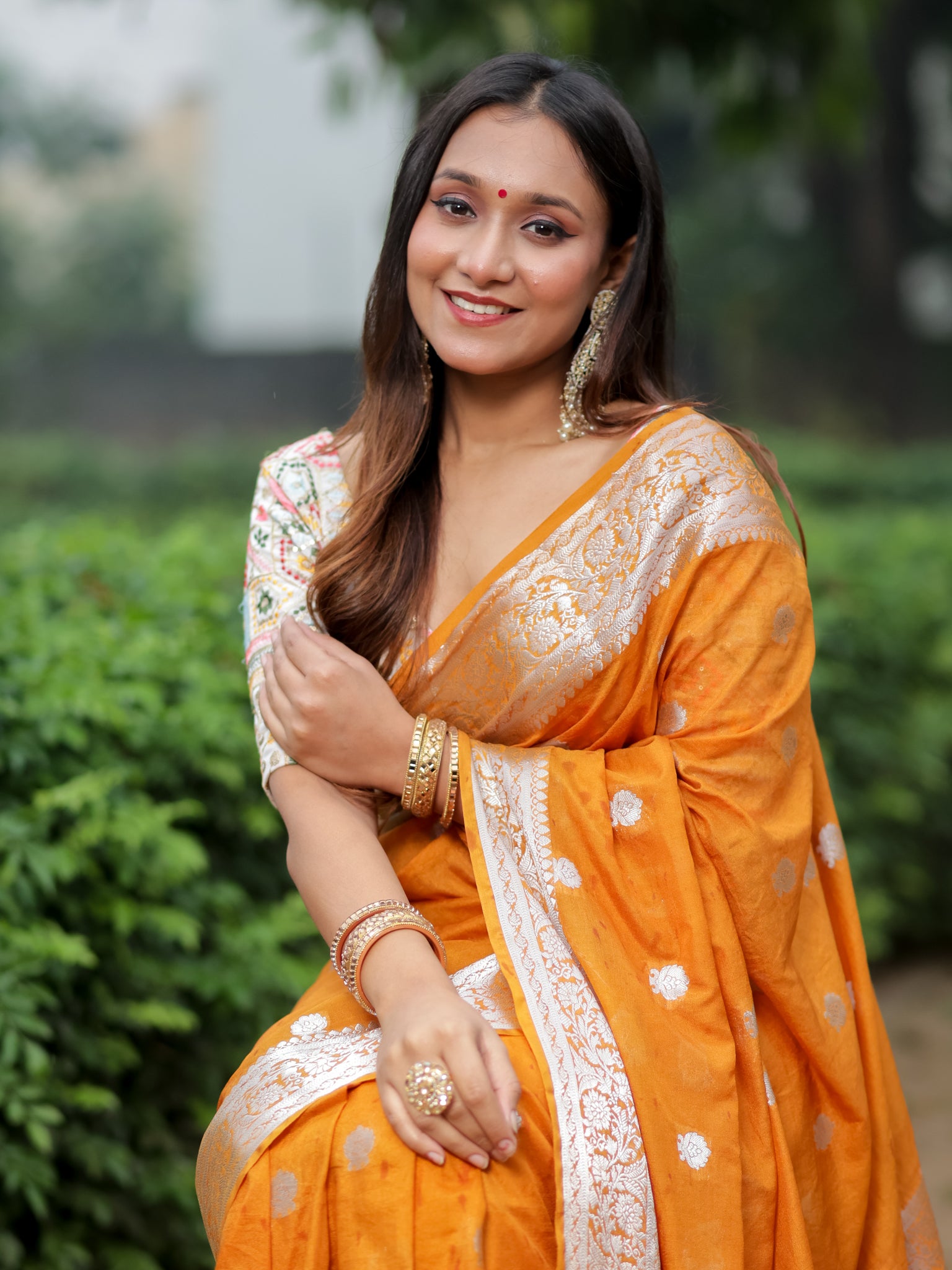 Banarasi Semi Chiffon Saree Silver Zari Buti Weaving With Border- Yellow