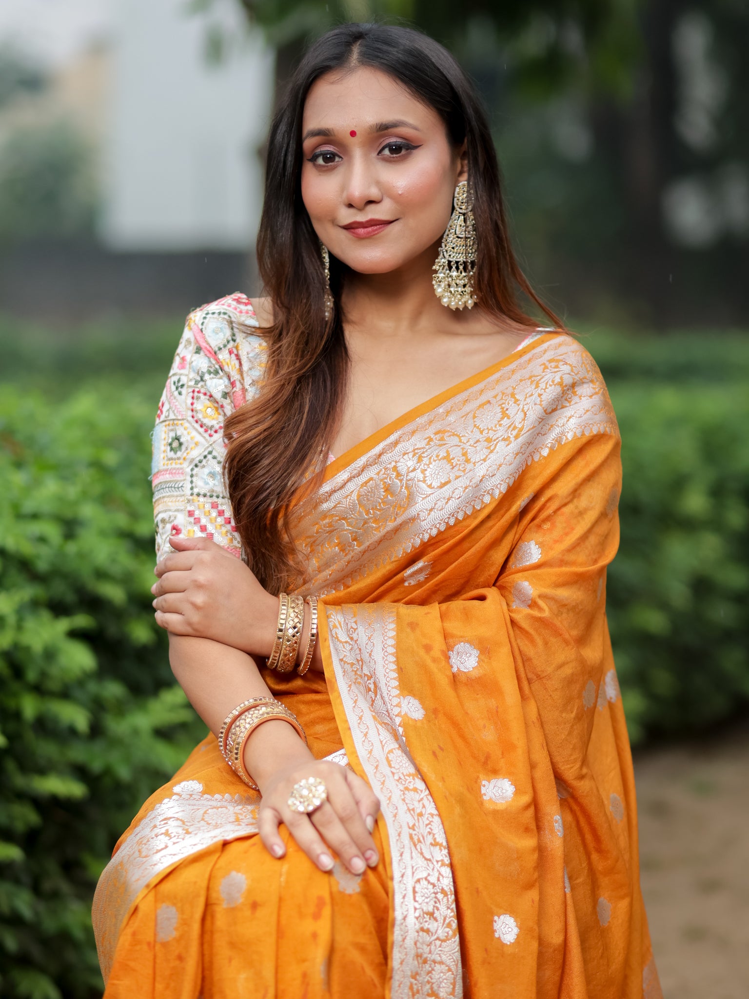 Banarasi Semi Chiffon Saree Silver Zari Buti Weaving With Border- Yellow