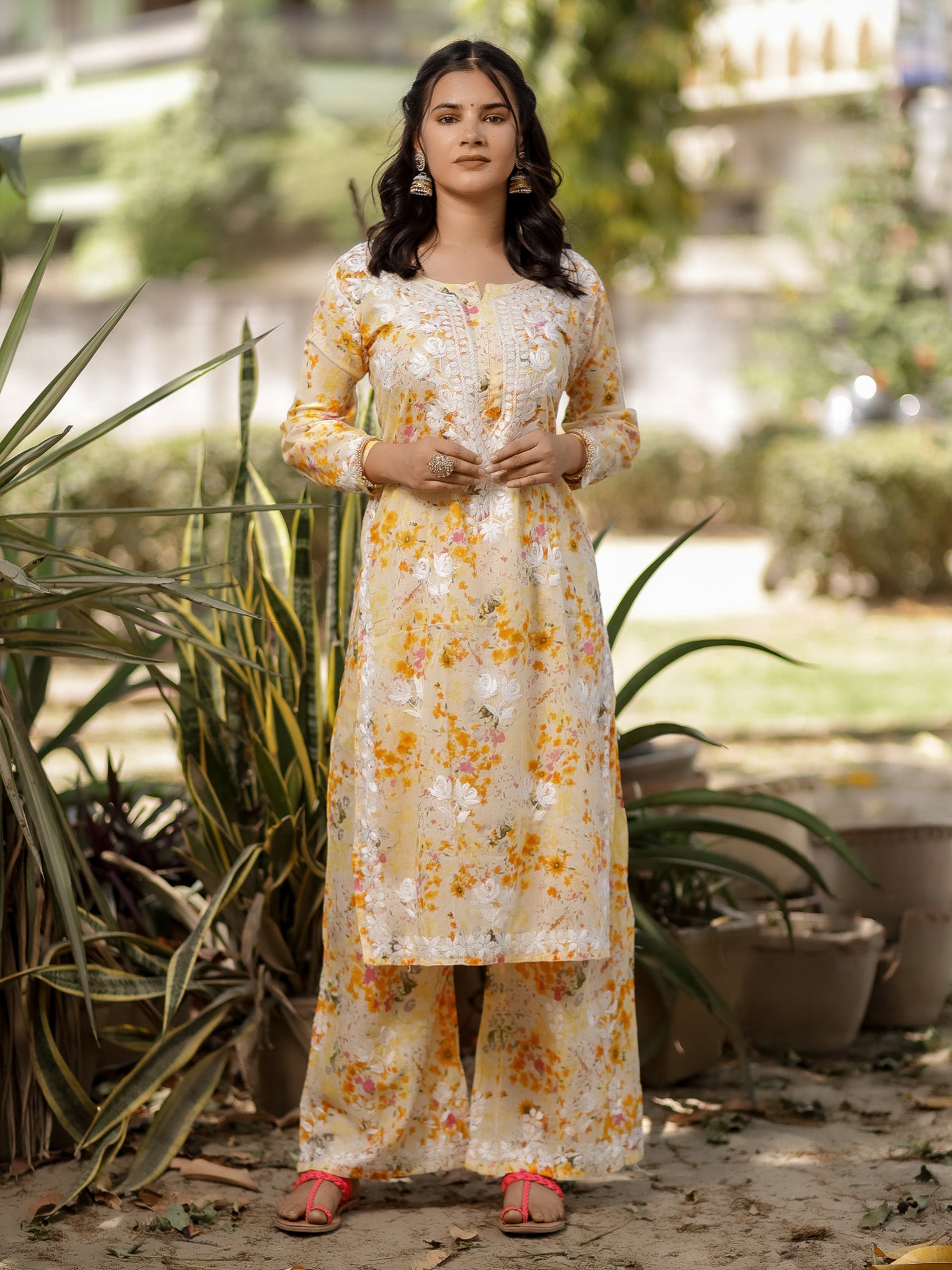 Readymade Chikankari Floral Print Mulmul Kurti & Plazzo Set-Yellow