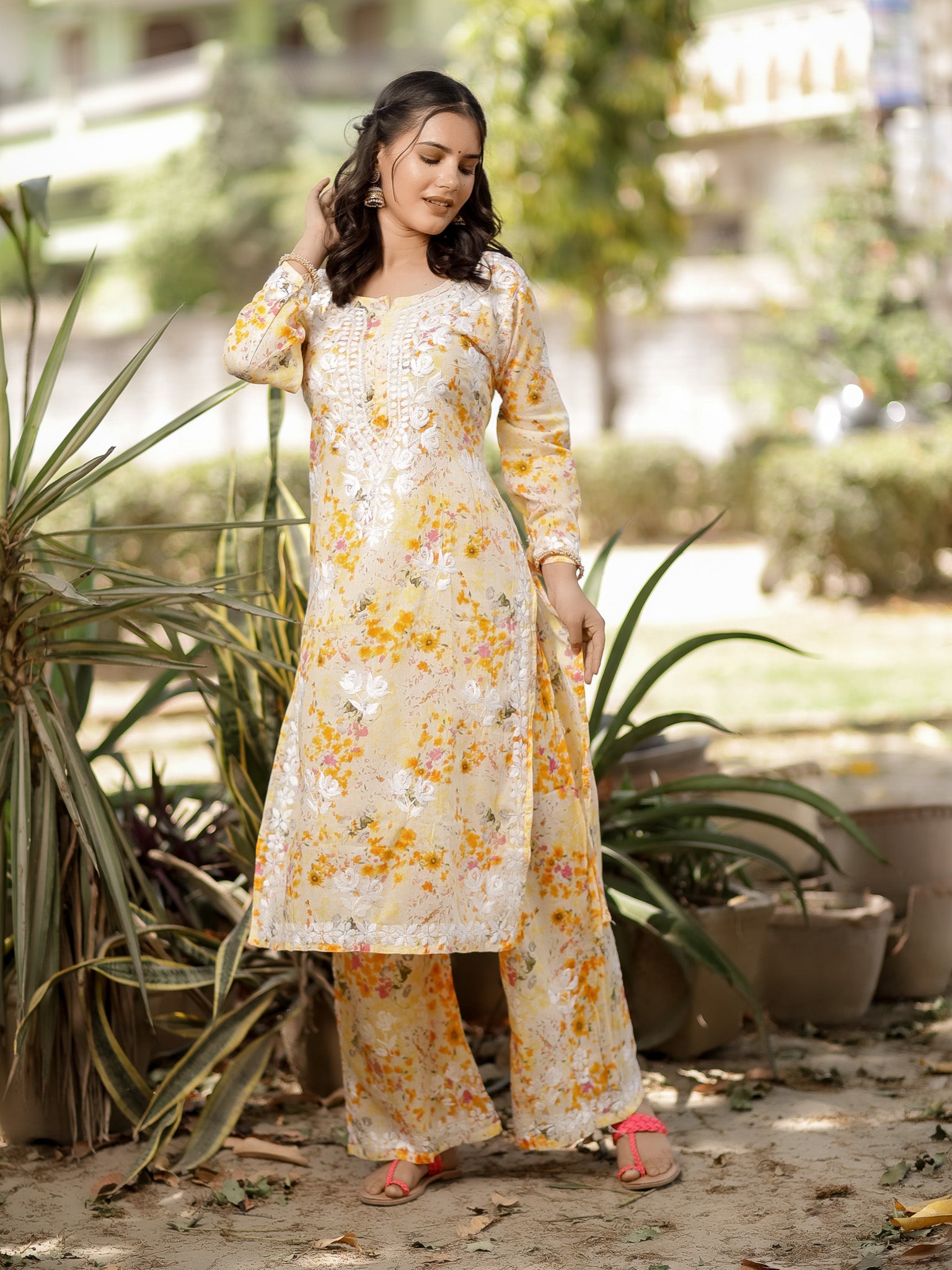 Readymade Chikankari Floral Print Mulmul Kurti & Plazzo Set-Yellow