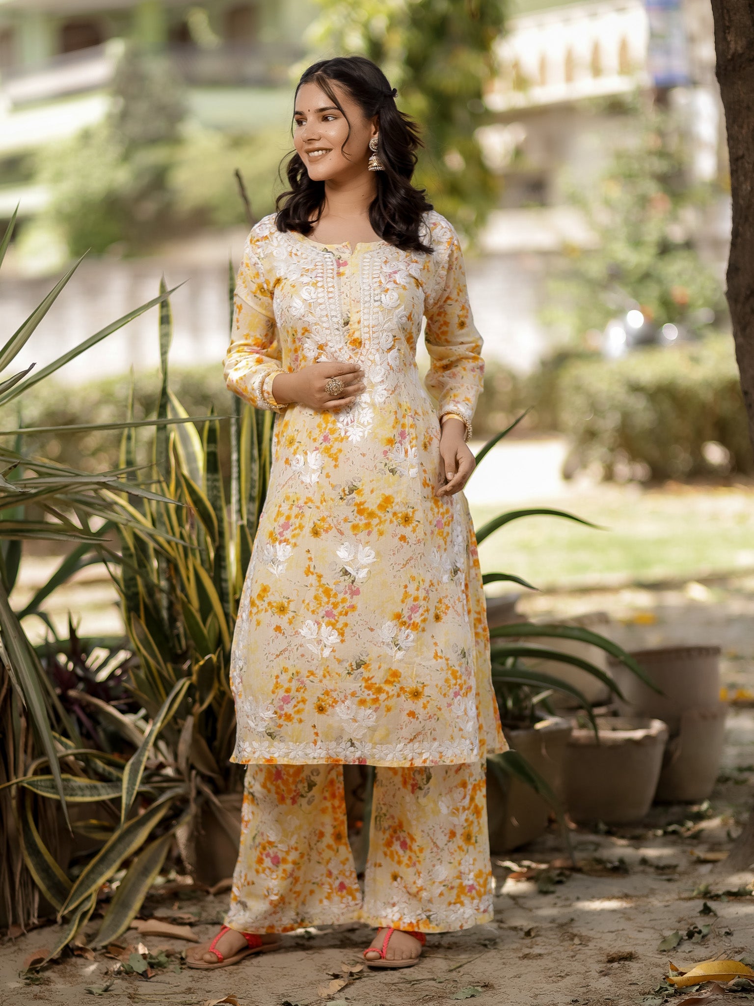 Readymade Chikankari Floral Print Mulmul Kurti & Plazzo Set-Yellow