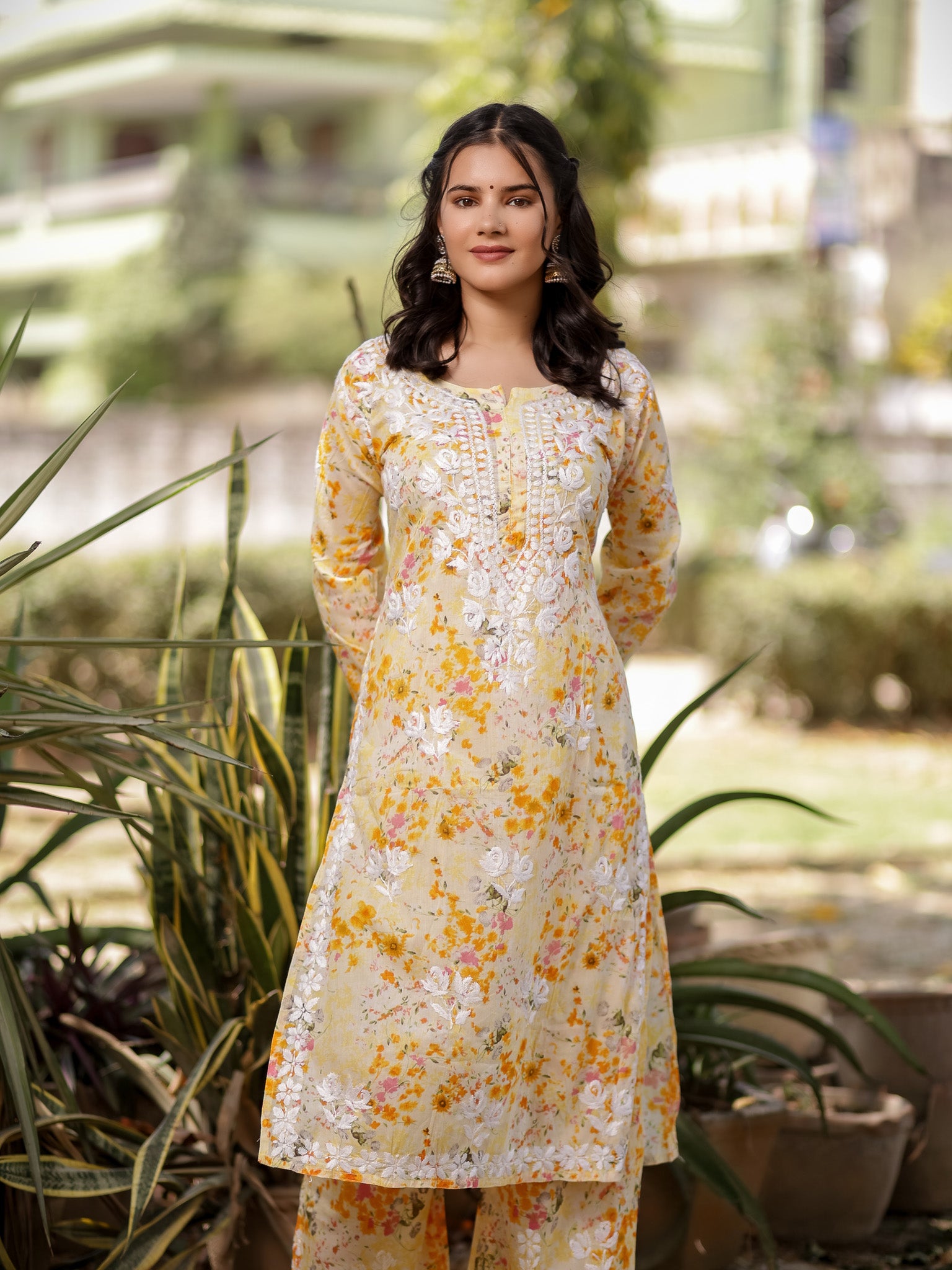 Readymade Chikankari Floral Print Mulmul Kurti & Plazzo Set-Yellow