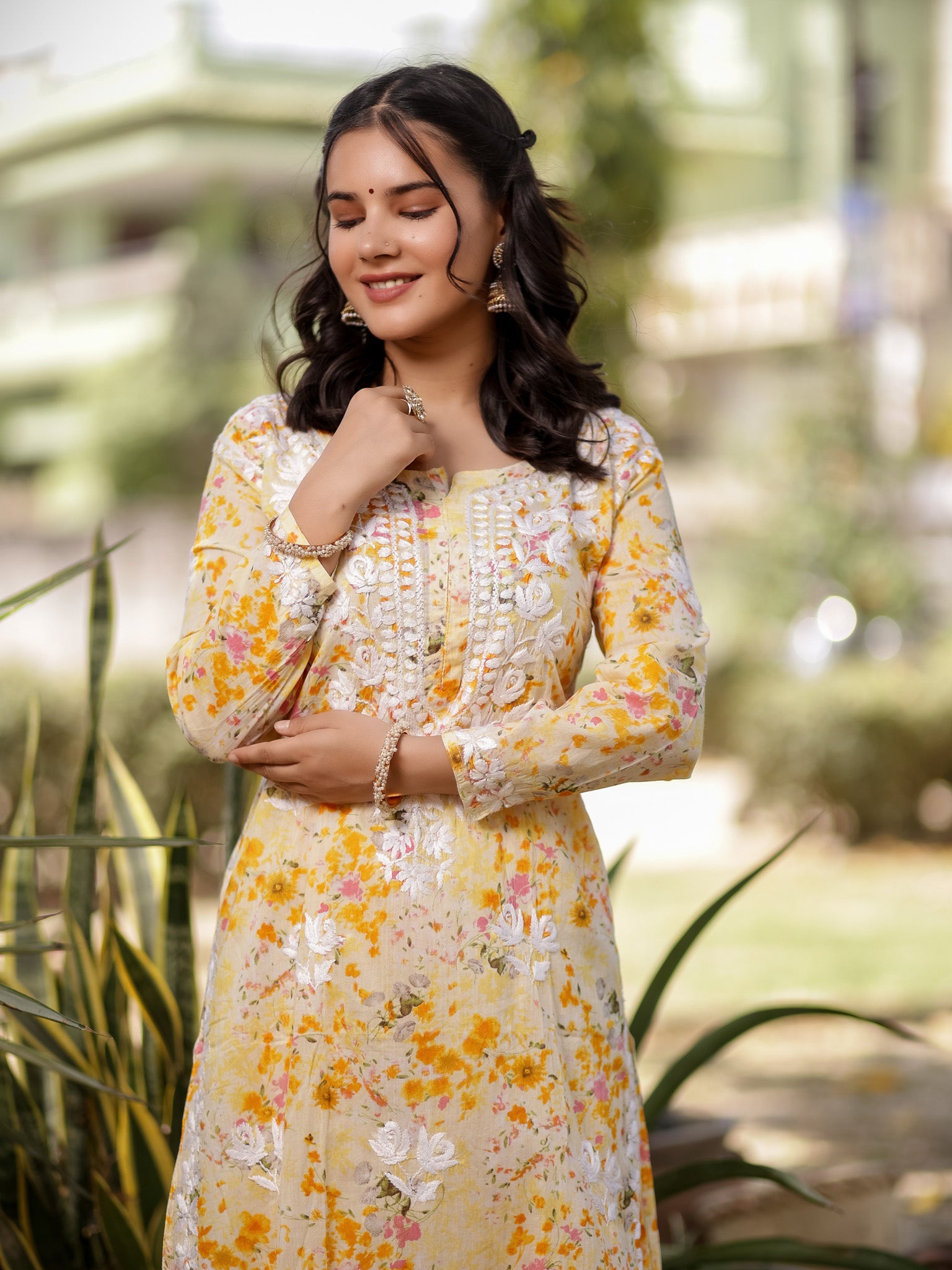 Readymade Chikankari Floral Print Mulmul Kurti & Plazzo Set-Yellow