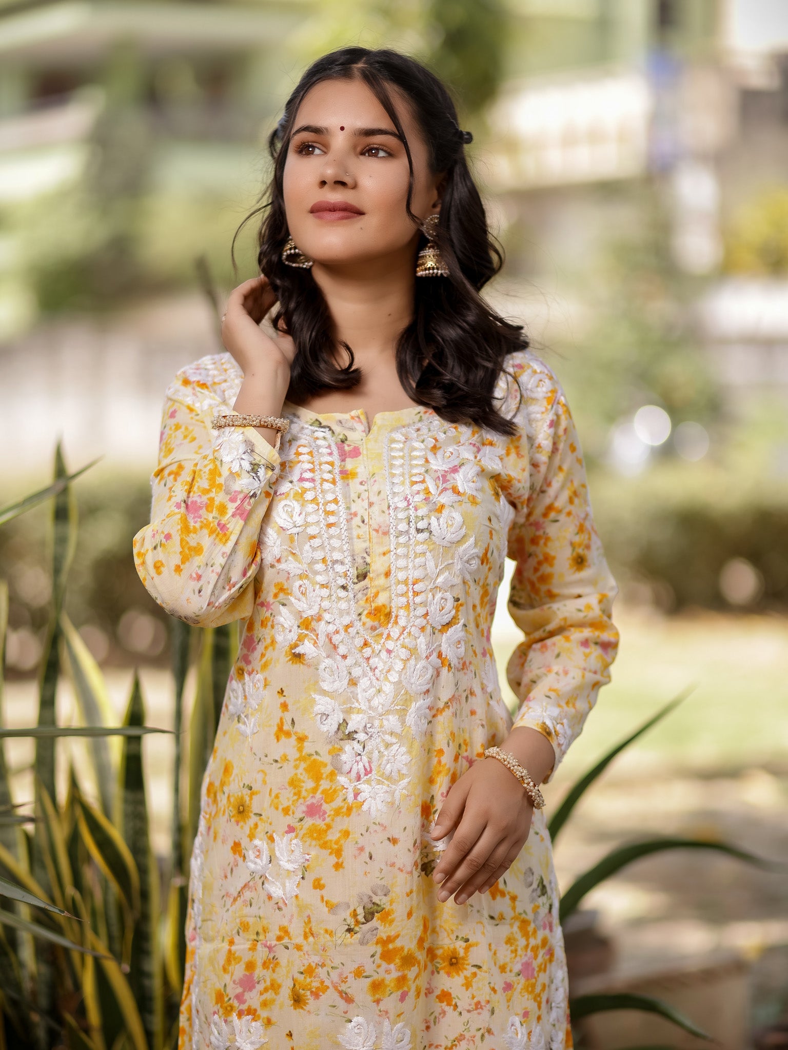 Readymade Chikankari Floral Print Mulmul Kurti & Plazzo Set-Yellow
