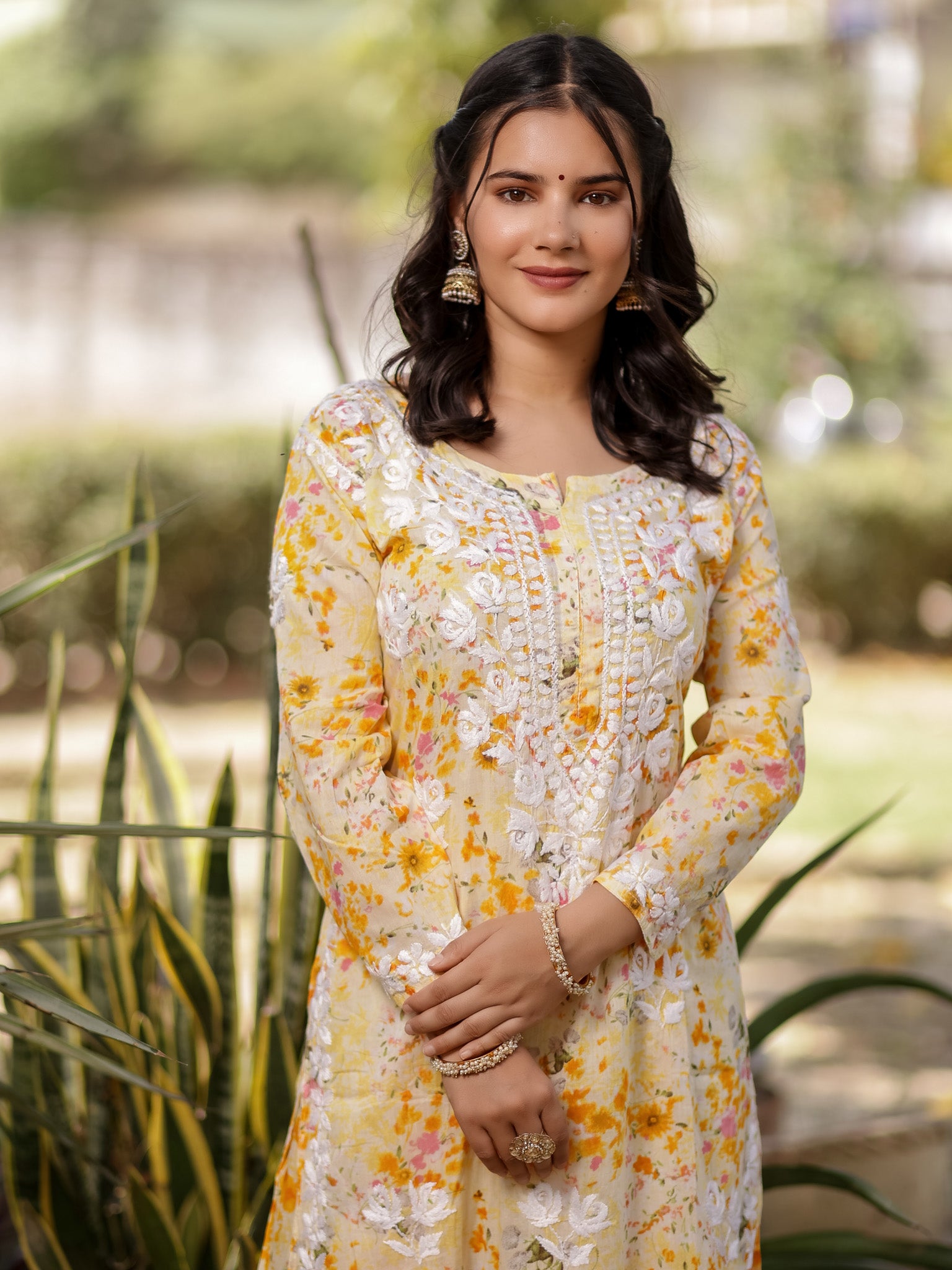 Readymade Chikankari Floral Print Mulmul Kurti & Plazzo Set-Yellow