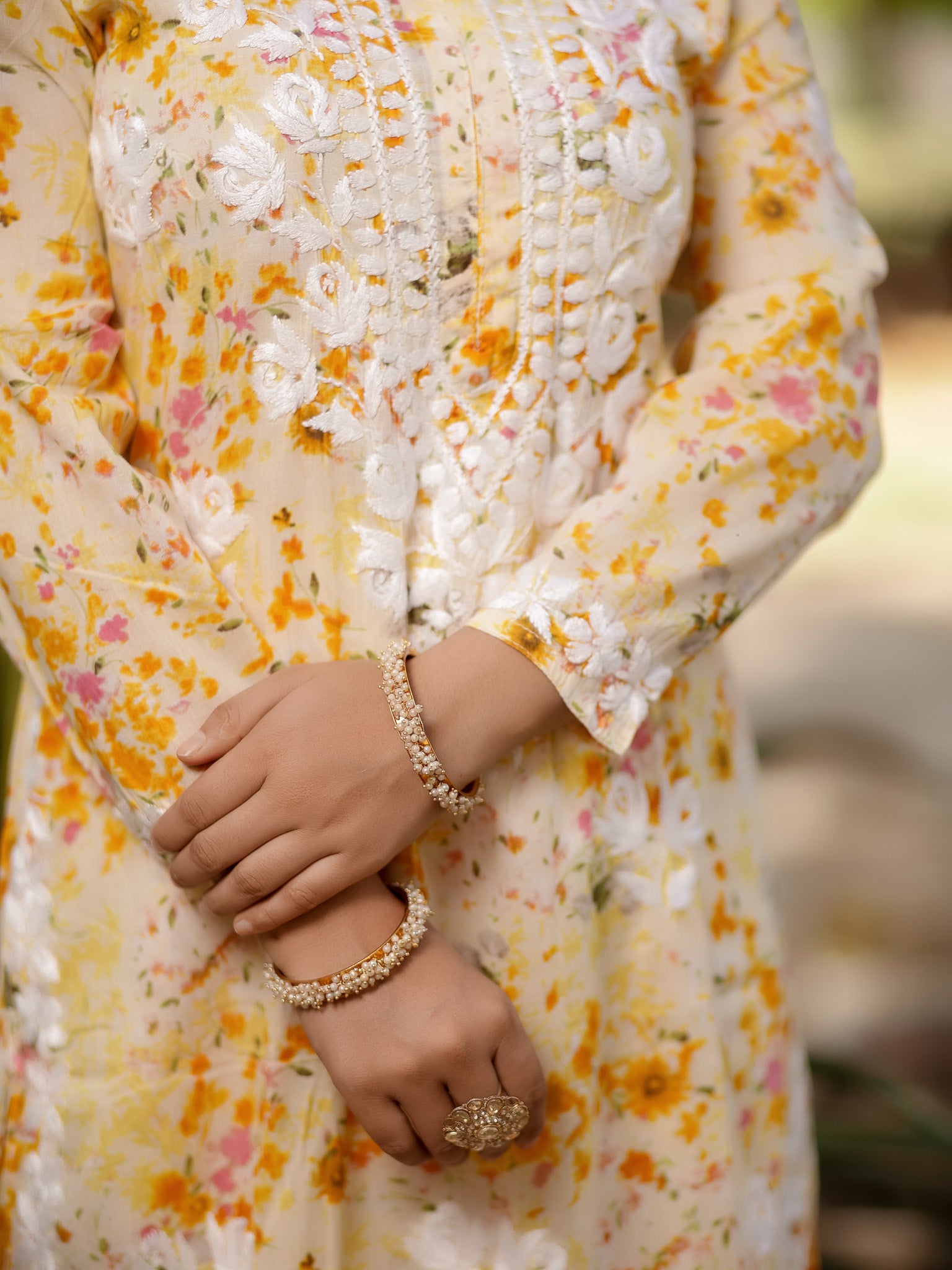 Readymade Chikankari Floral Print Mulmul Kurti & Plazzo Set-Yellow