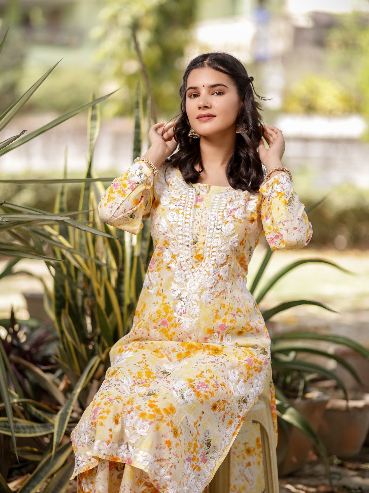 Readymade Chikankari Floral Print Mulmul Kurti & Plazzo Set-Yellow