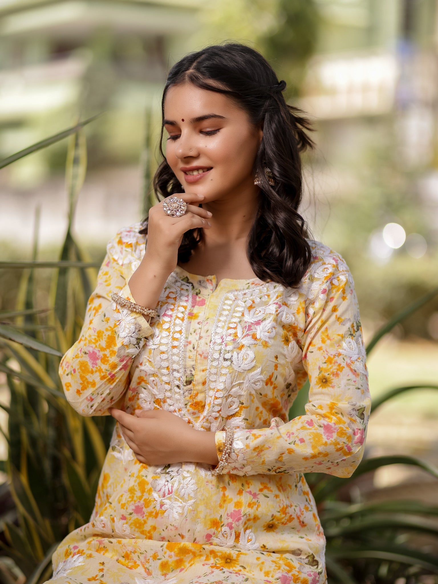 Readymade Chikankari Floral Print Mulmul Kurti & Plazzo Set-Yellow