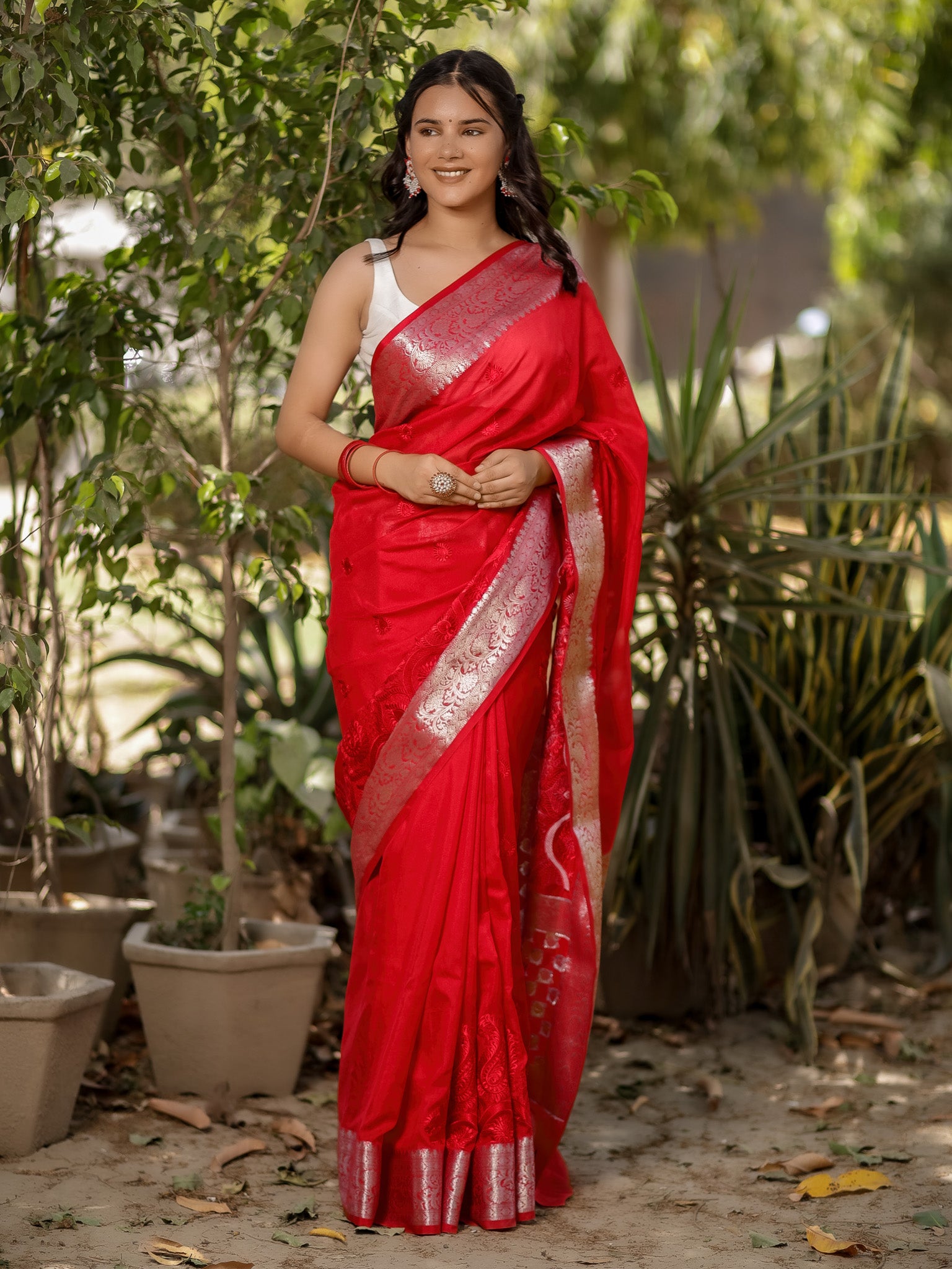Banarasi Semi Silk Saree With Zari Border - Red