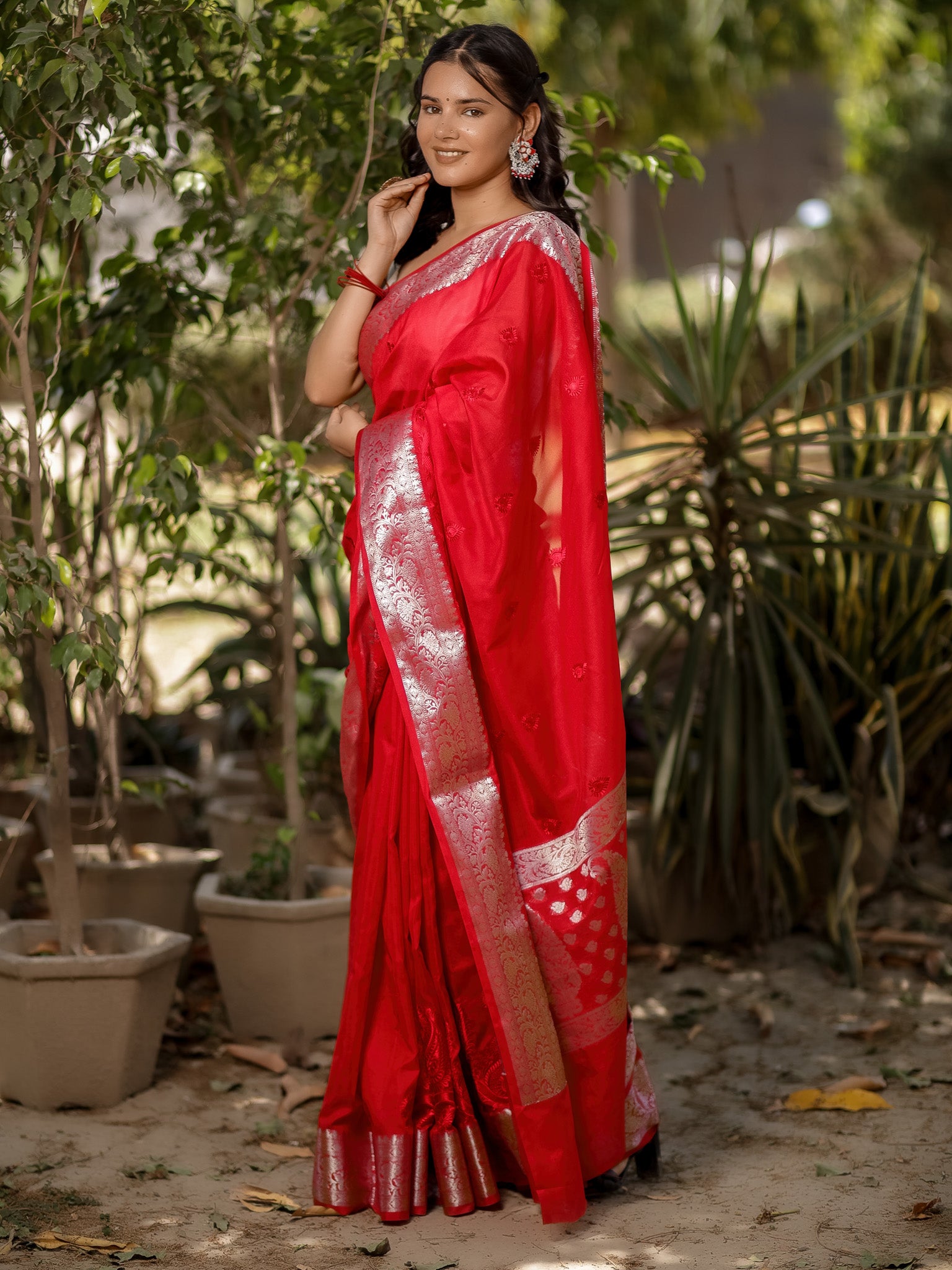 Banarasi Semi Silk Saree With Zari Border - Red
