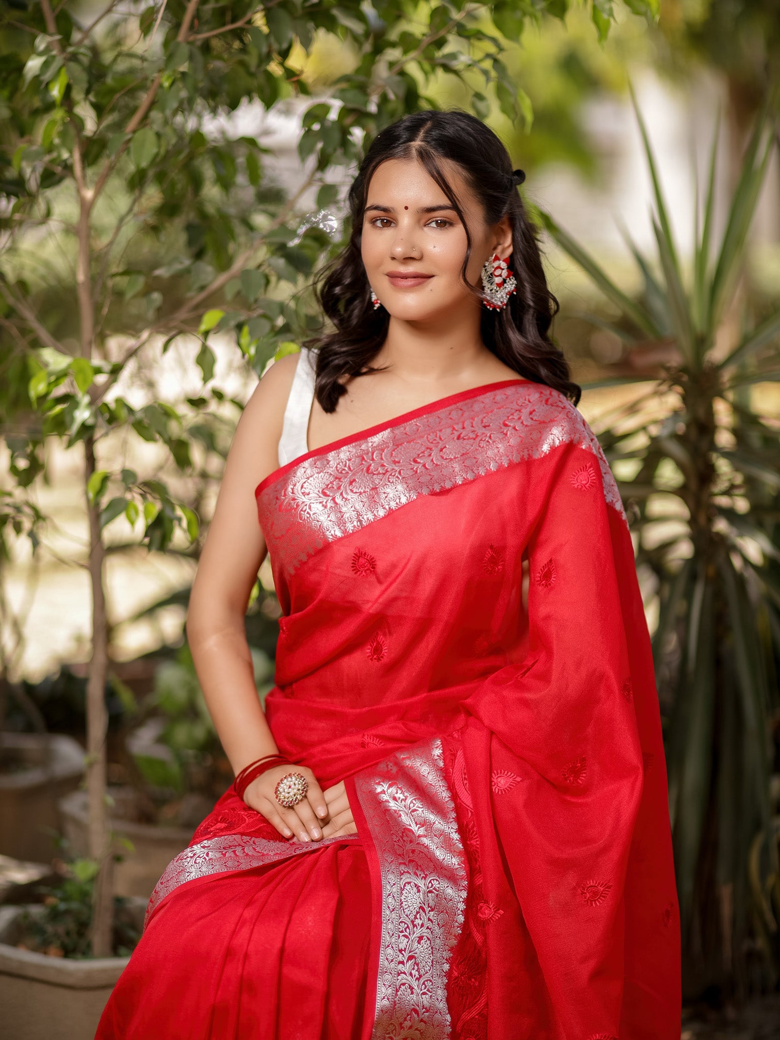 Banarasi Semi Silk Saree With Zari Border - Red