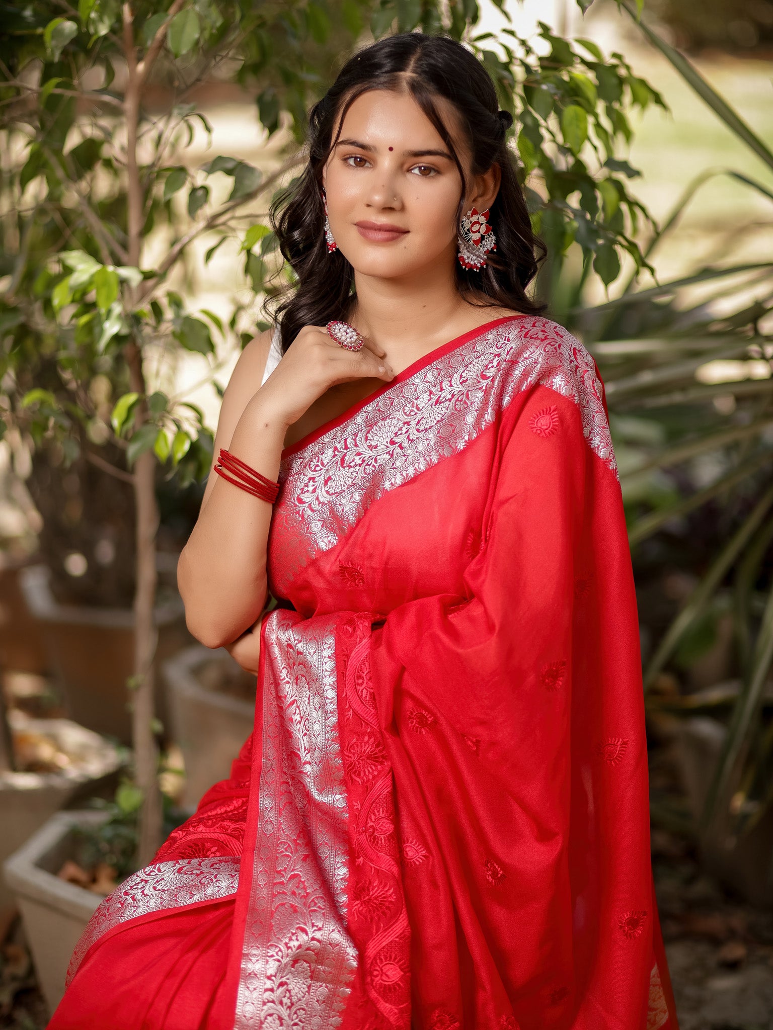 Banarasi Semi Silk Saree With Zari Border - Red