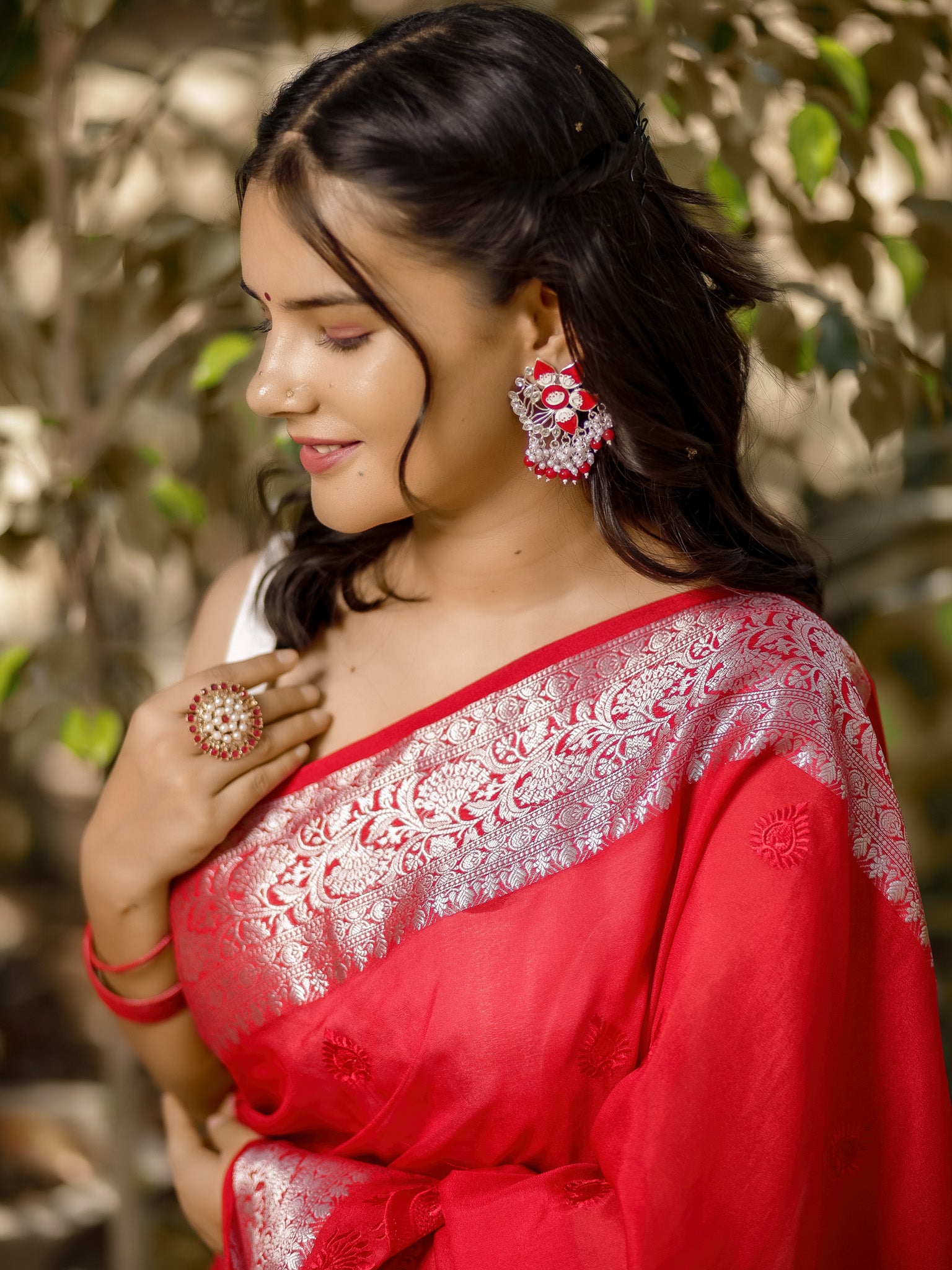 Banarasi Semi Silk Saree With Zari Border - Red