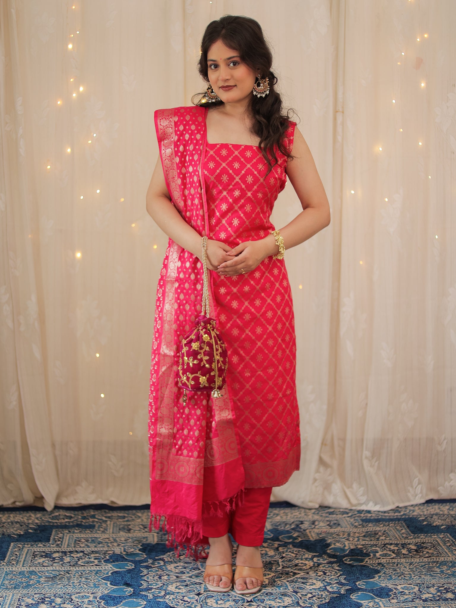 Readymade Banarasi Cotton SIlk Salwar Kameez with Dupatta- Magenta