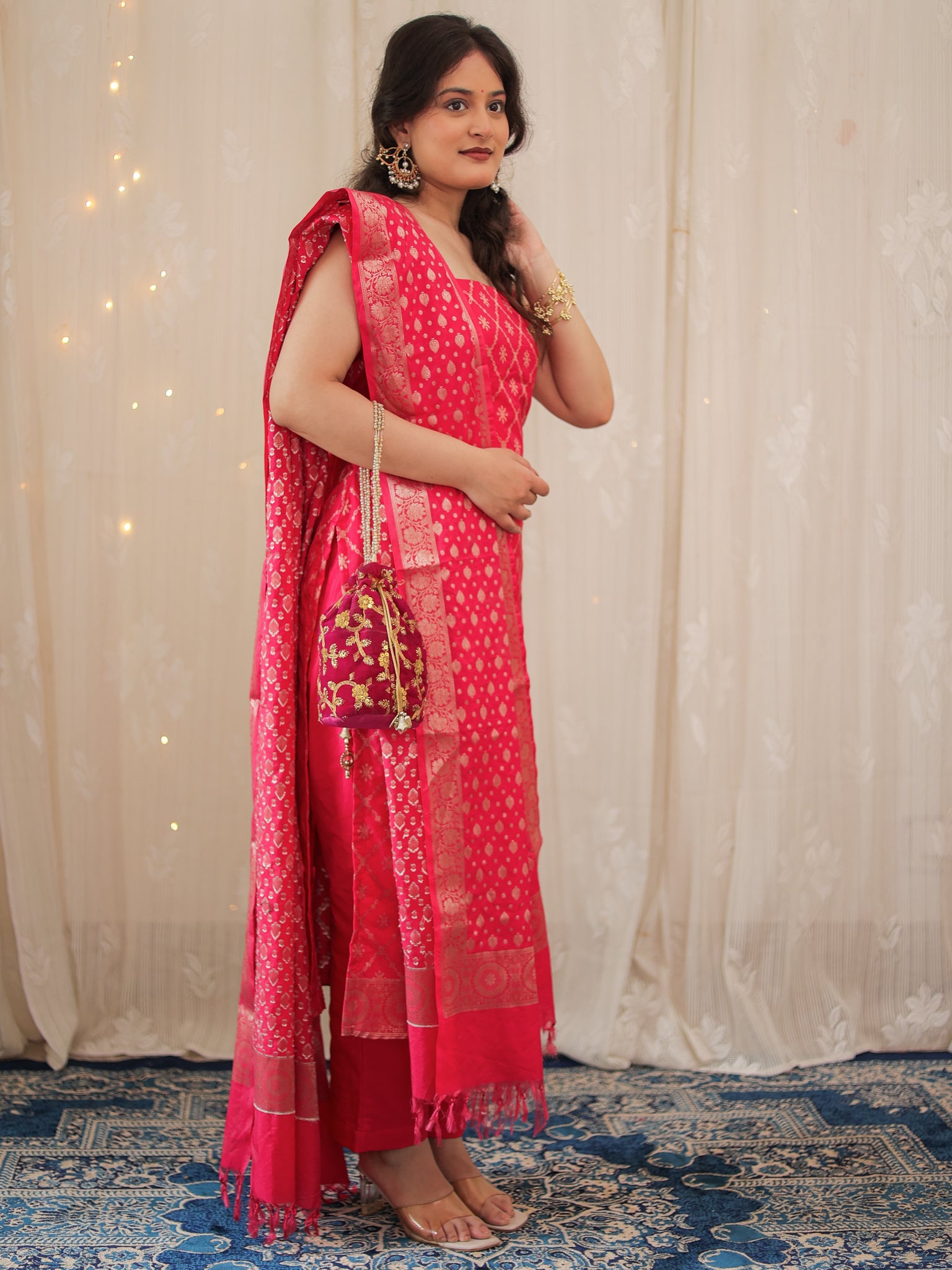 Readymade Banarasi Cotton SIlk Salwar Kameez with Dupatta- Magenta