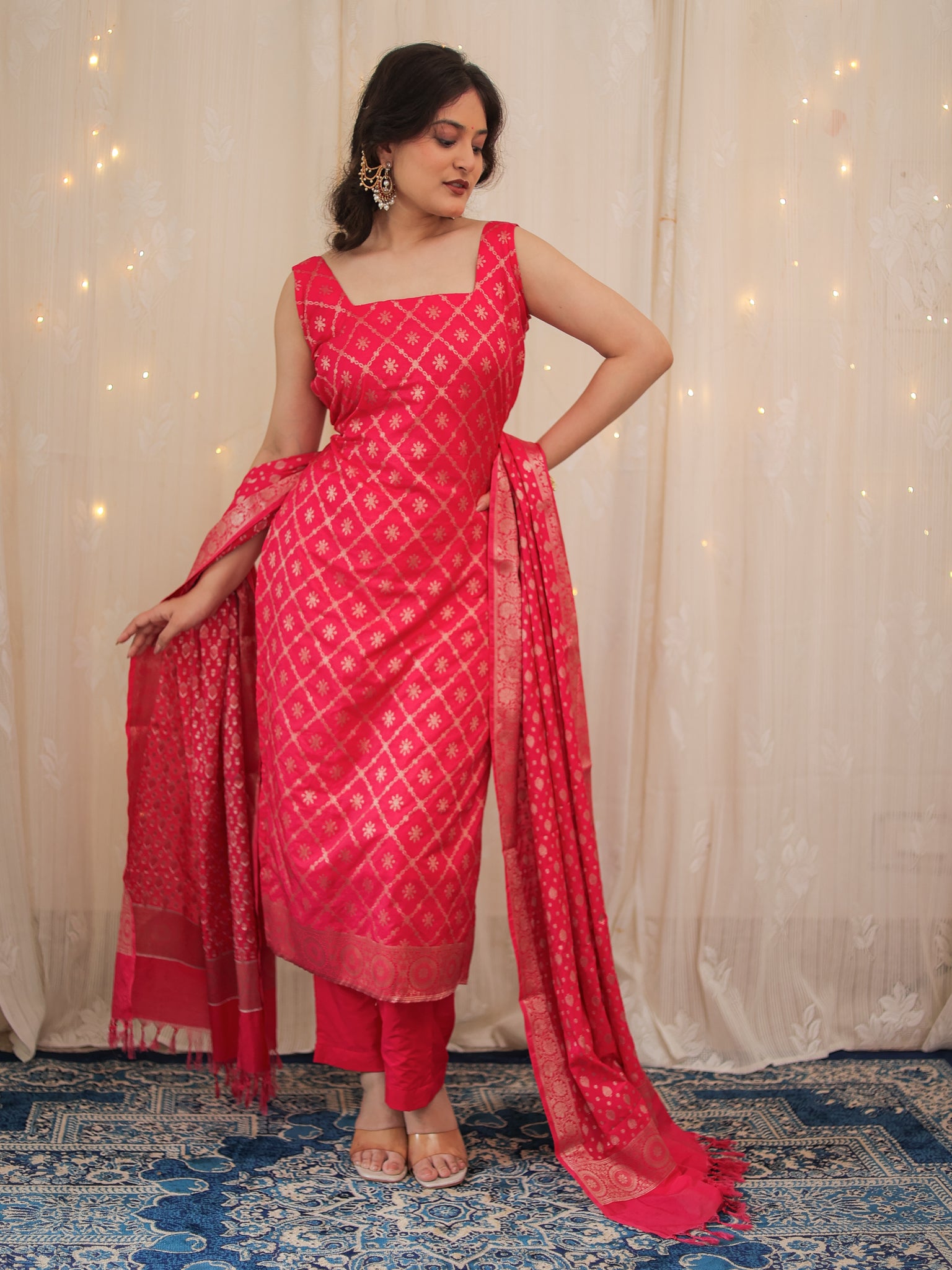Readymade Banarasi Cotton SIlk Salwar Kameez with Dupatta- Magenta