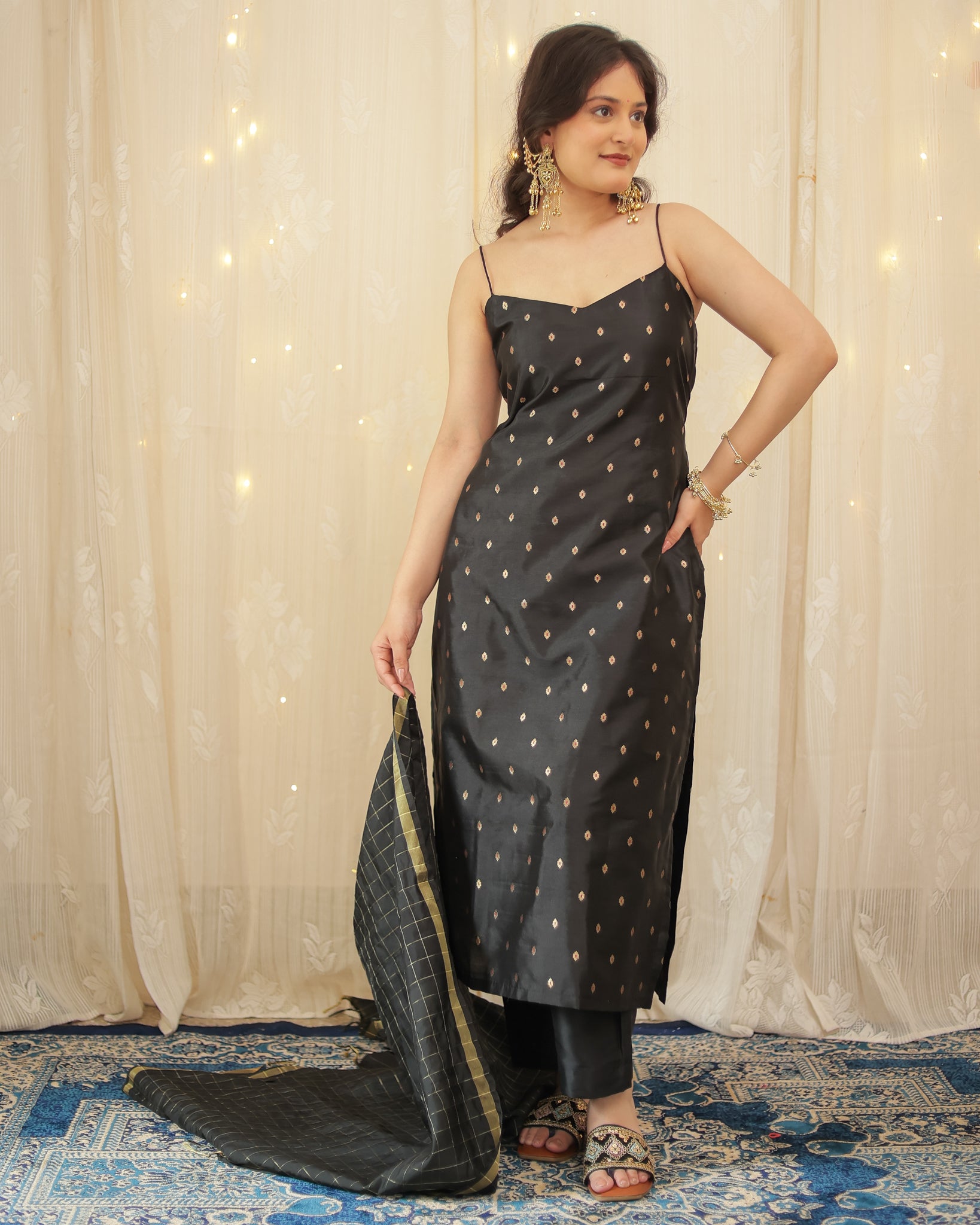 Readymade Banarasi Silk Salwar Kameez with Dupatta- Black