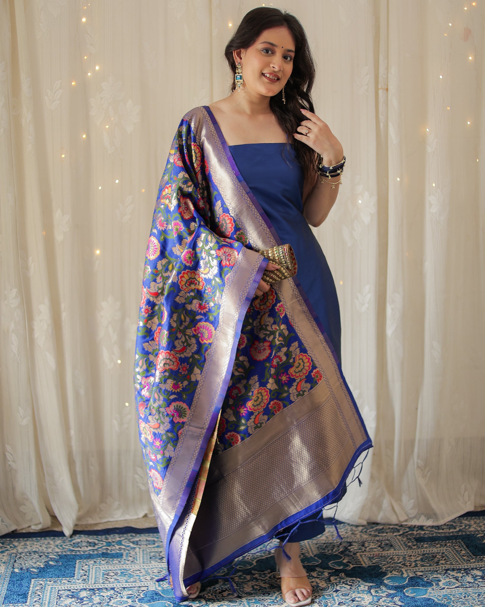 Readymade Banarasi Plain Salwar Kameez with Tilfi Dupatta- Blue