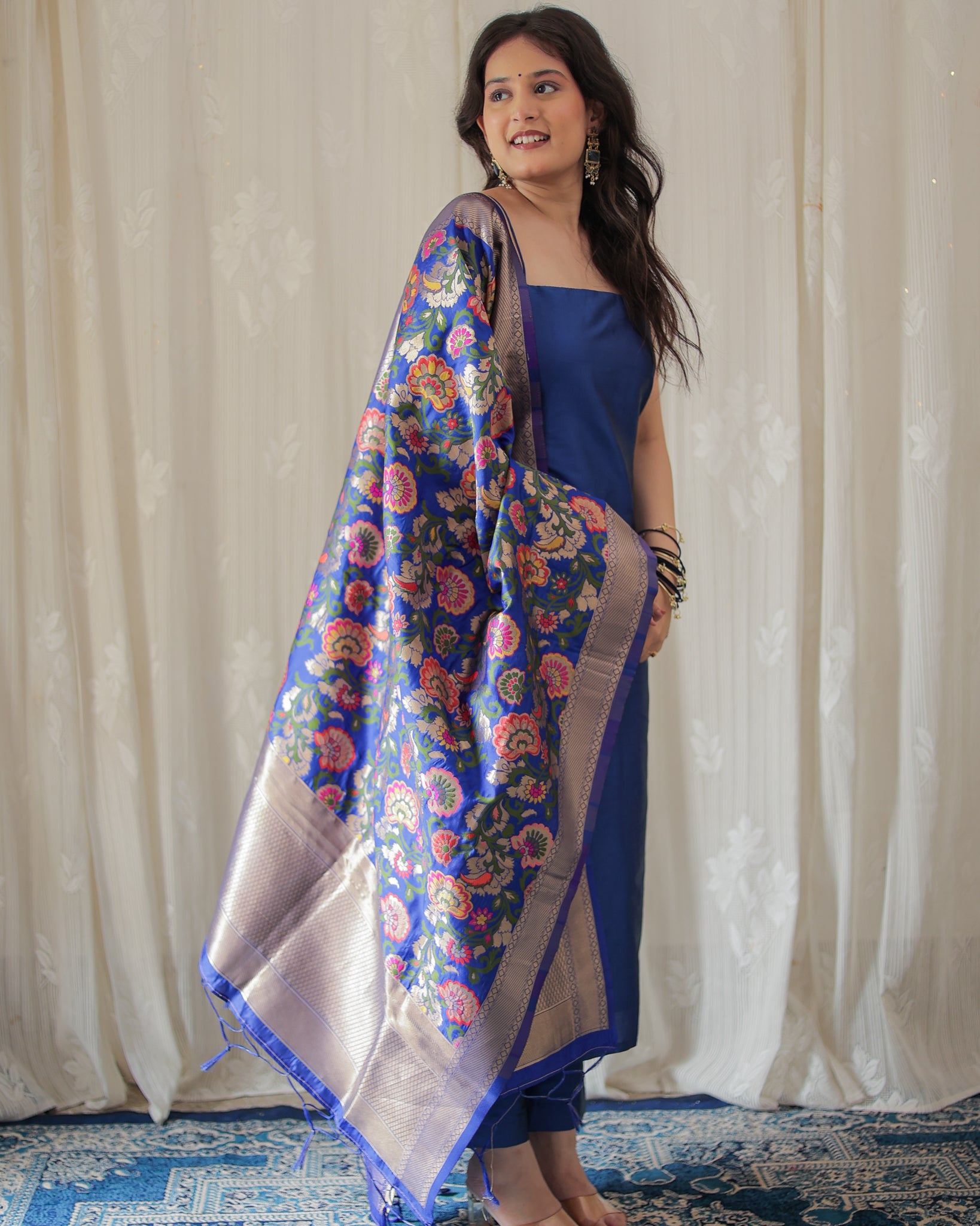 Readymade Banarasi Plain Salwar Kameez with Tilfi Dupatta- Blue