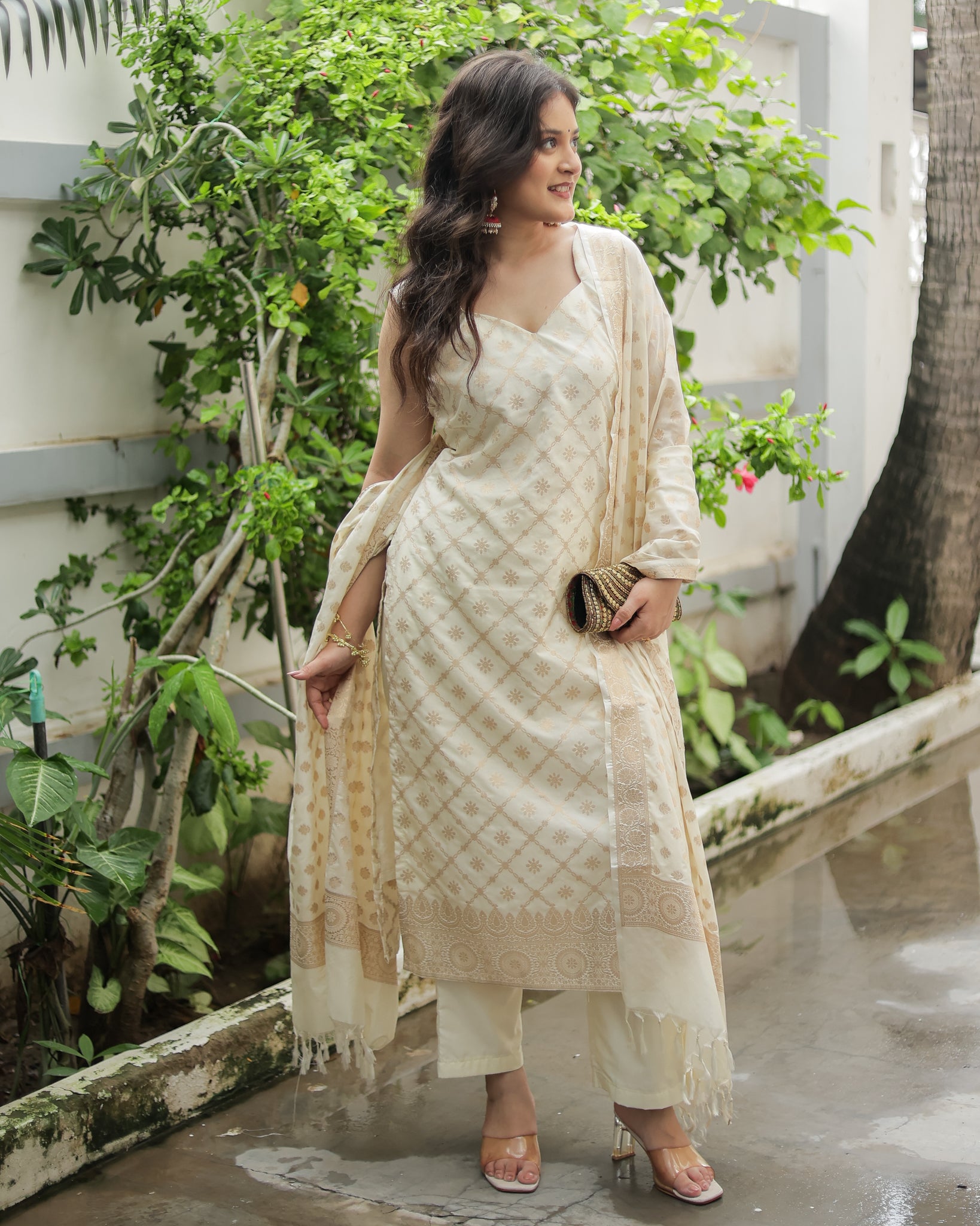 Readymade Banarasi Cotton Silk Salwar Kameez with Dupatta- Off White