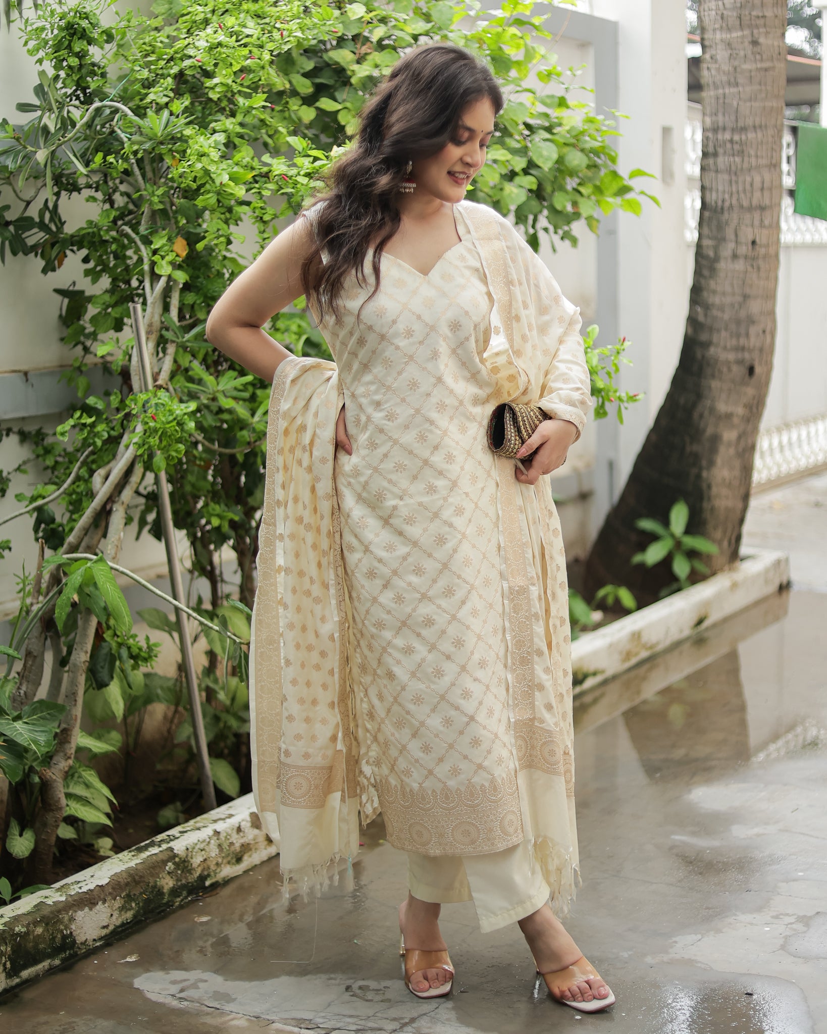 Readymade Banarasi Cotton Silk Salwar Kameez with Dupatta- Off White