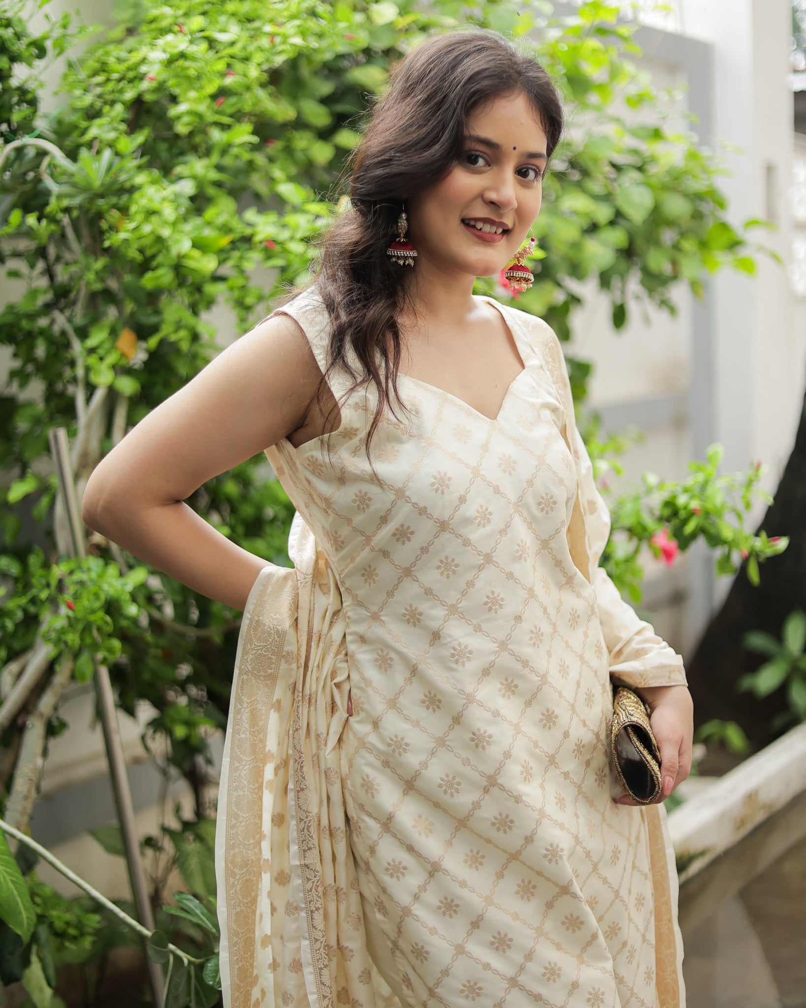 Readymade Banarasi Cotton Silk Salwar Kameez with Dupatta- Off White