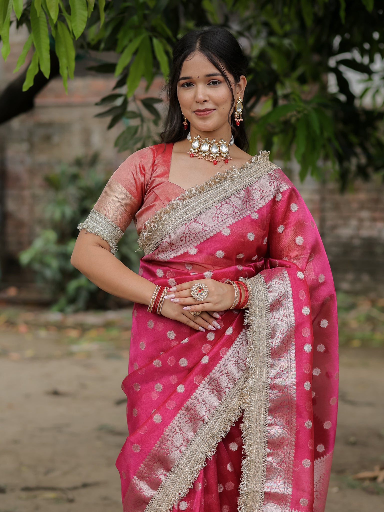 Banarasi Tissue Saree With Silver Zari & Border - Magenta