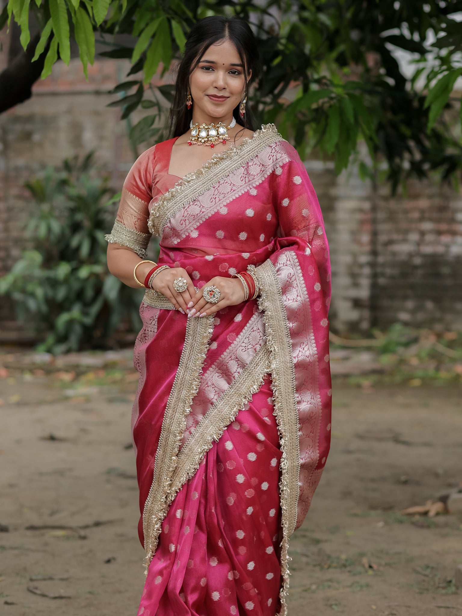 Banarasi Tissue Saree With Silver Zari & Border - Magenta