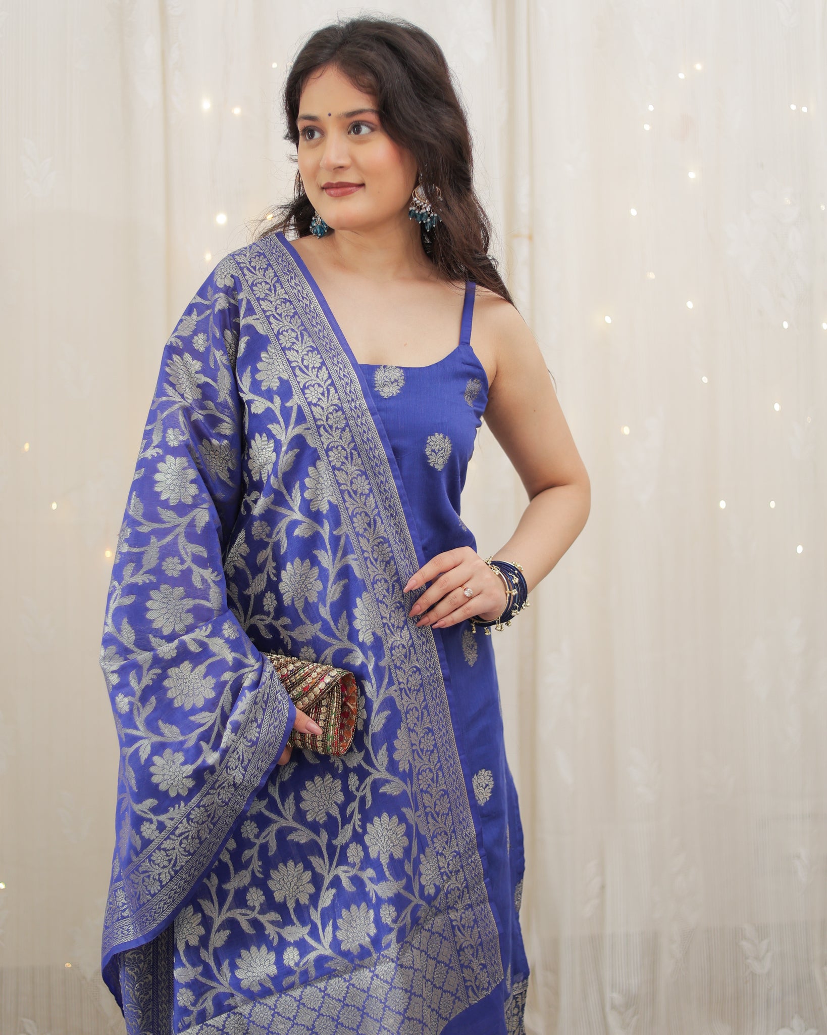 Readymade Banarasi Chanderi Cotton Salwar Kameez with Dupatta- Blue