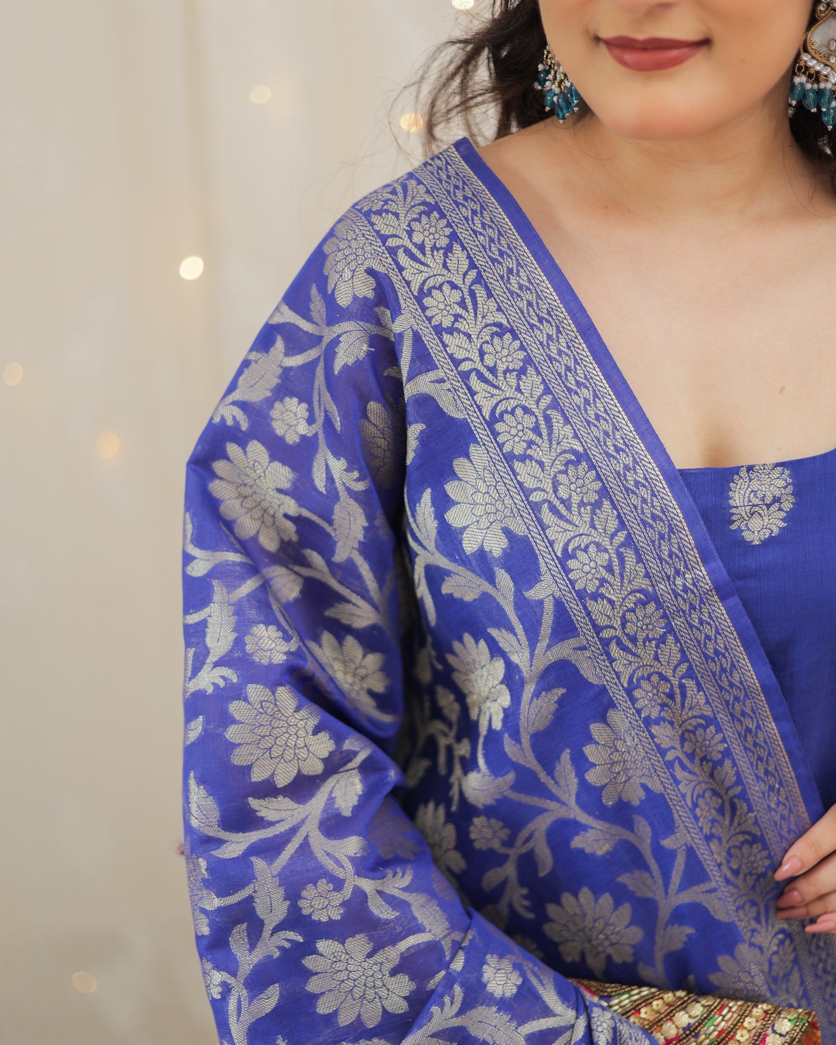 Readymade Banarasi Chanderi Cotton Salwar Kameez with Dupatta- Blue