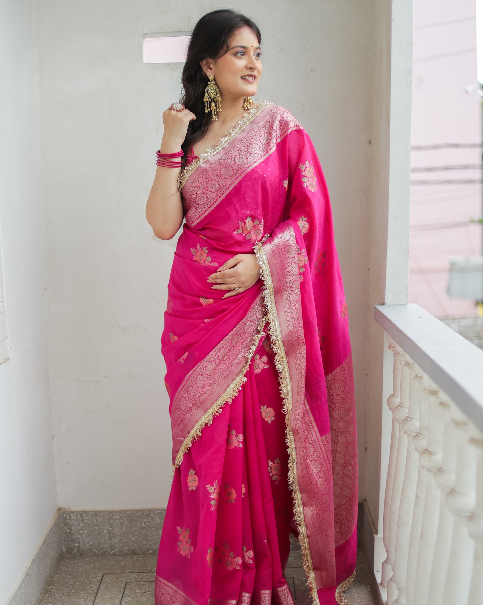 Banarasi Cotton Silk Saree With Zari Weaving & Lace Border- Magenta