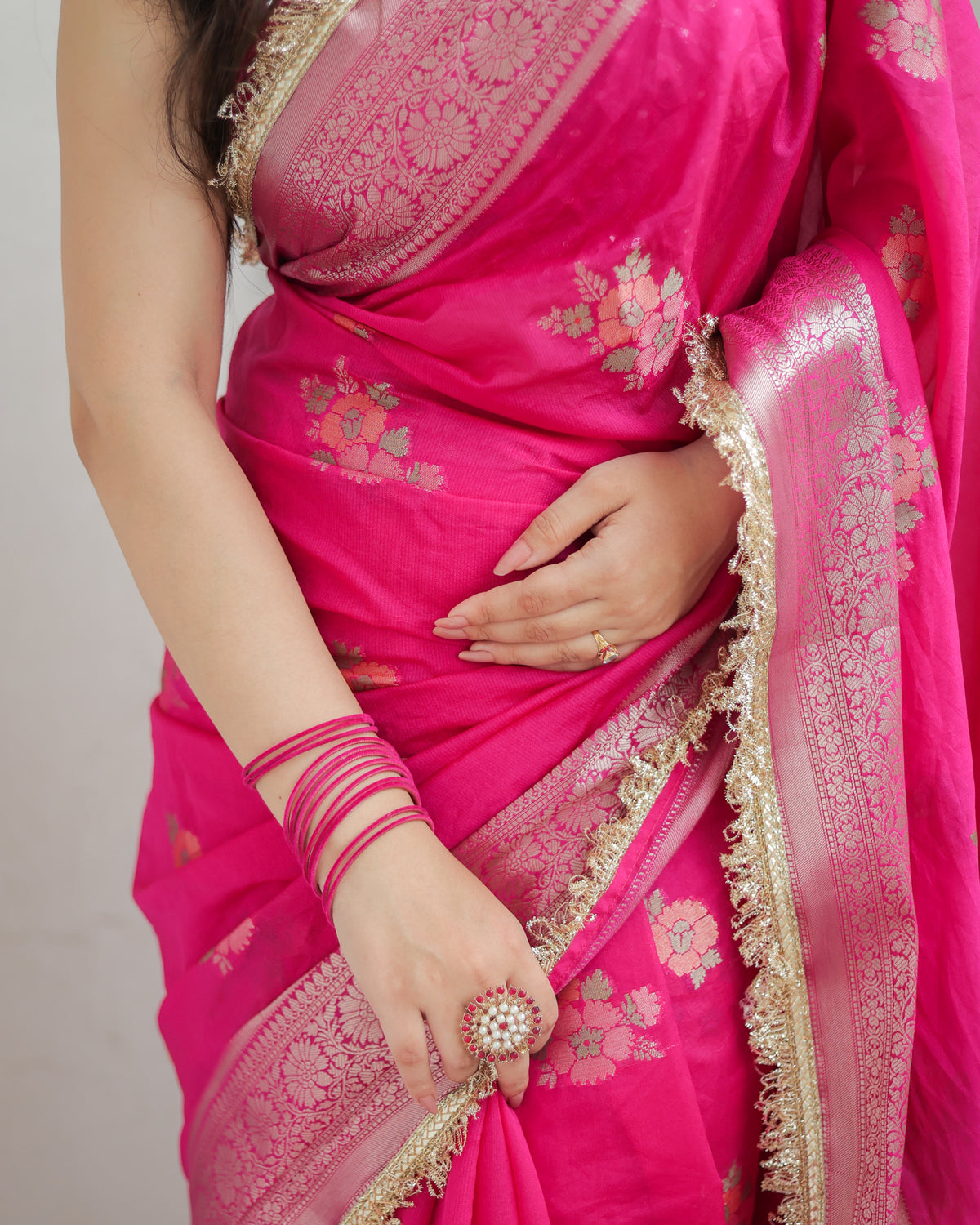 Banarasi Cotton Silk Saree With Zari Weaving & Lace Border- Magenta