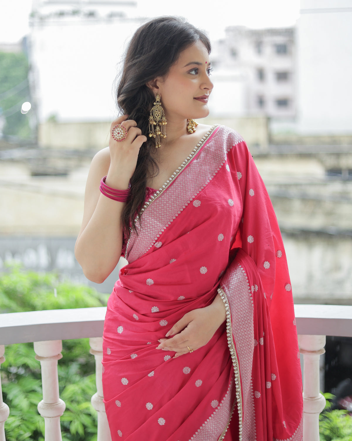 Banarasi Cotton Silk Saree With Zari Weaving & Lace Border- Magenta