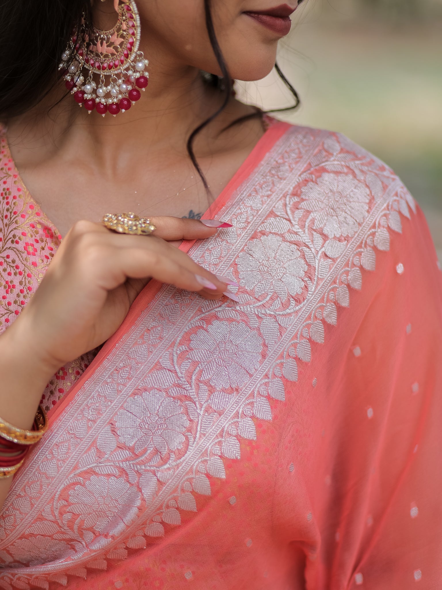 Banarasi Pure Khaddi Georgette Saree With Buti Weaving- Peach