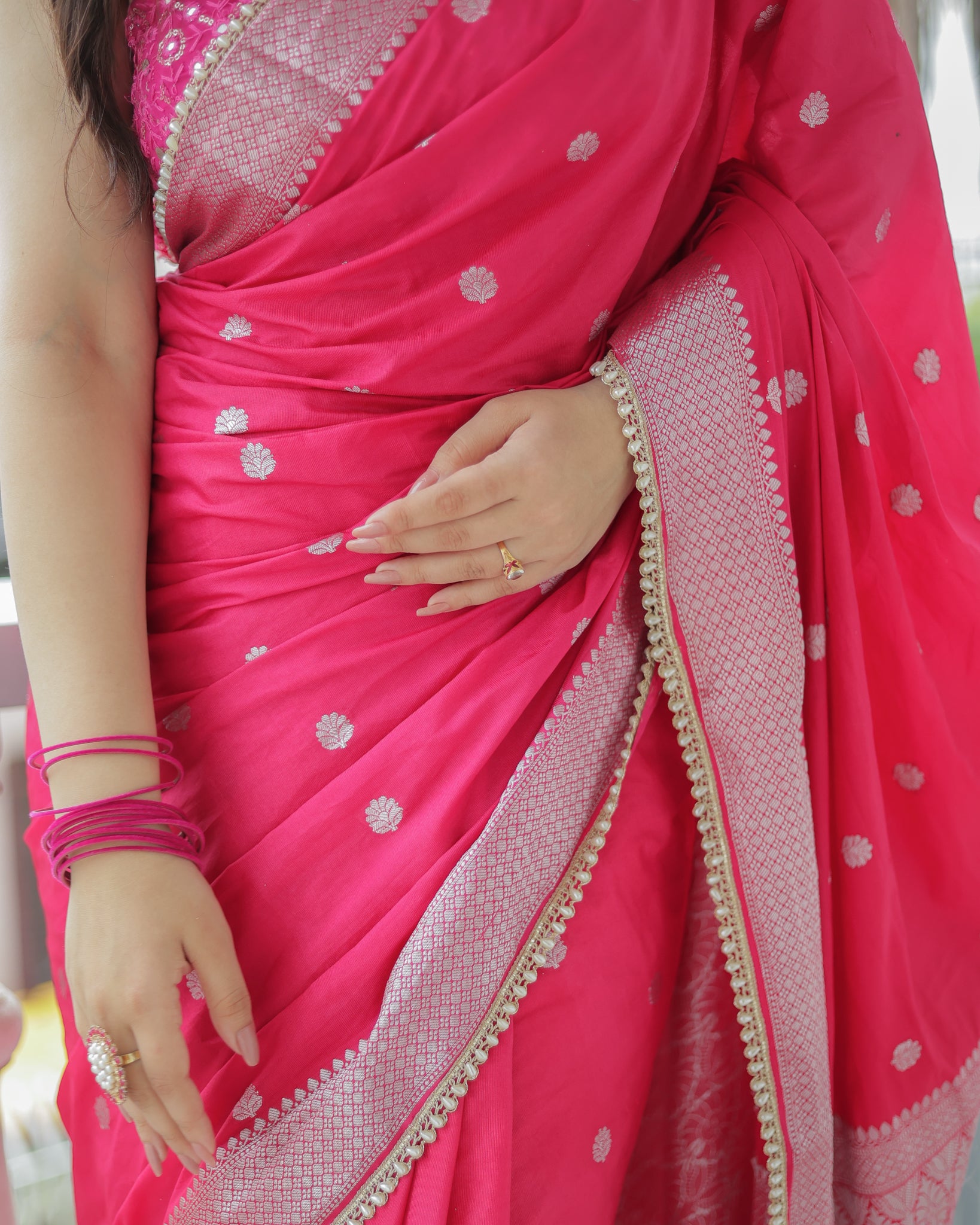Banarasi Cotton Silk Saree With Zari Weaving & Lace Border- Magenta