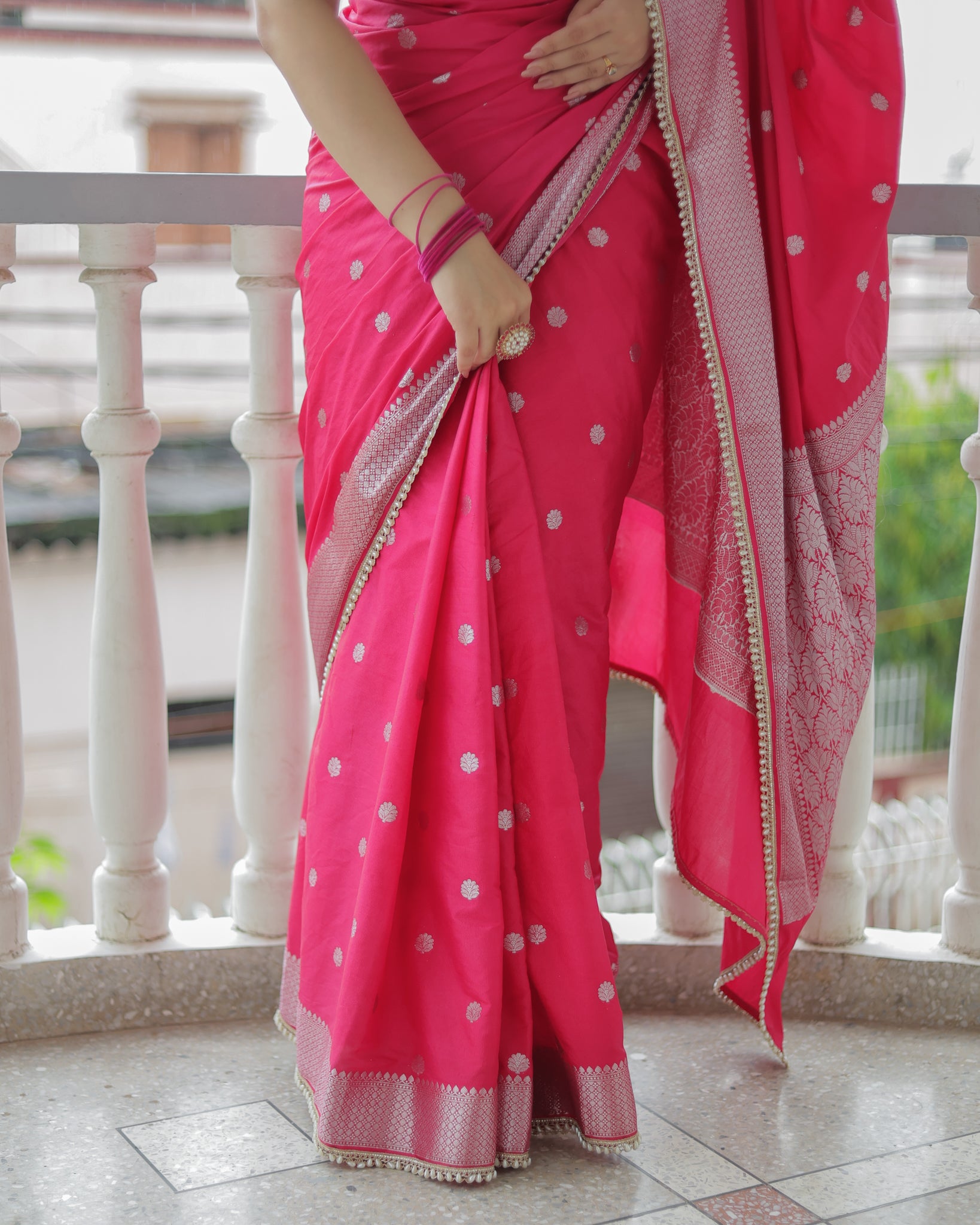 Banarasi Cotton Silk Saree With Zari Weaving & Lace Border- Magenta