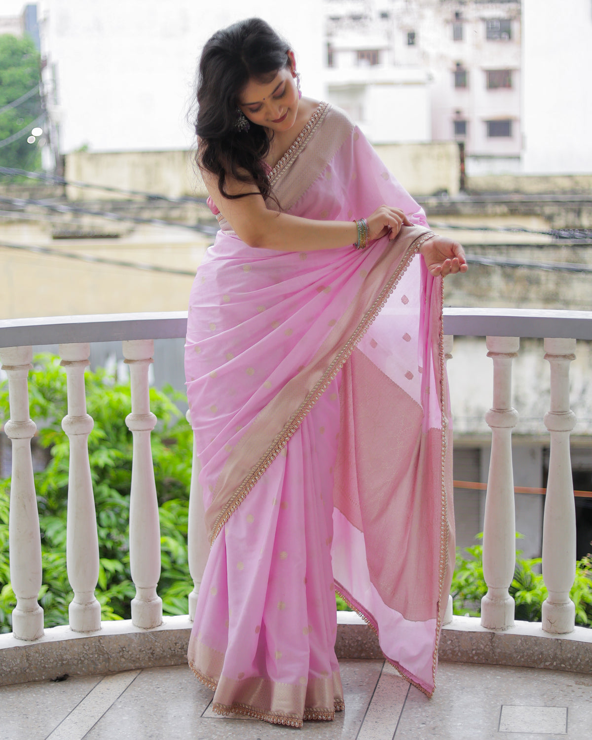 Banarasi Cotton Silk Saree With Zari Weaving & Lace Border- Lavender